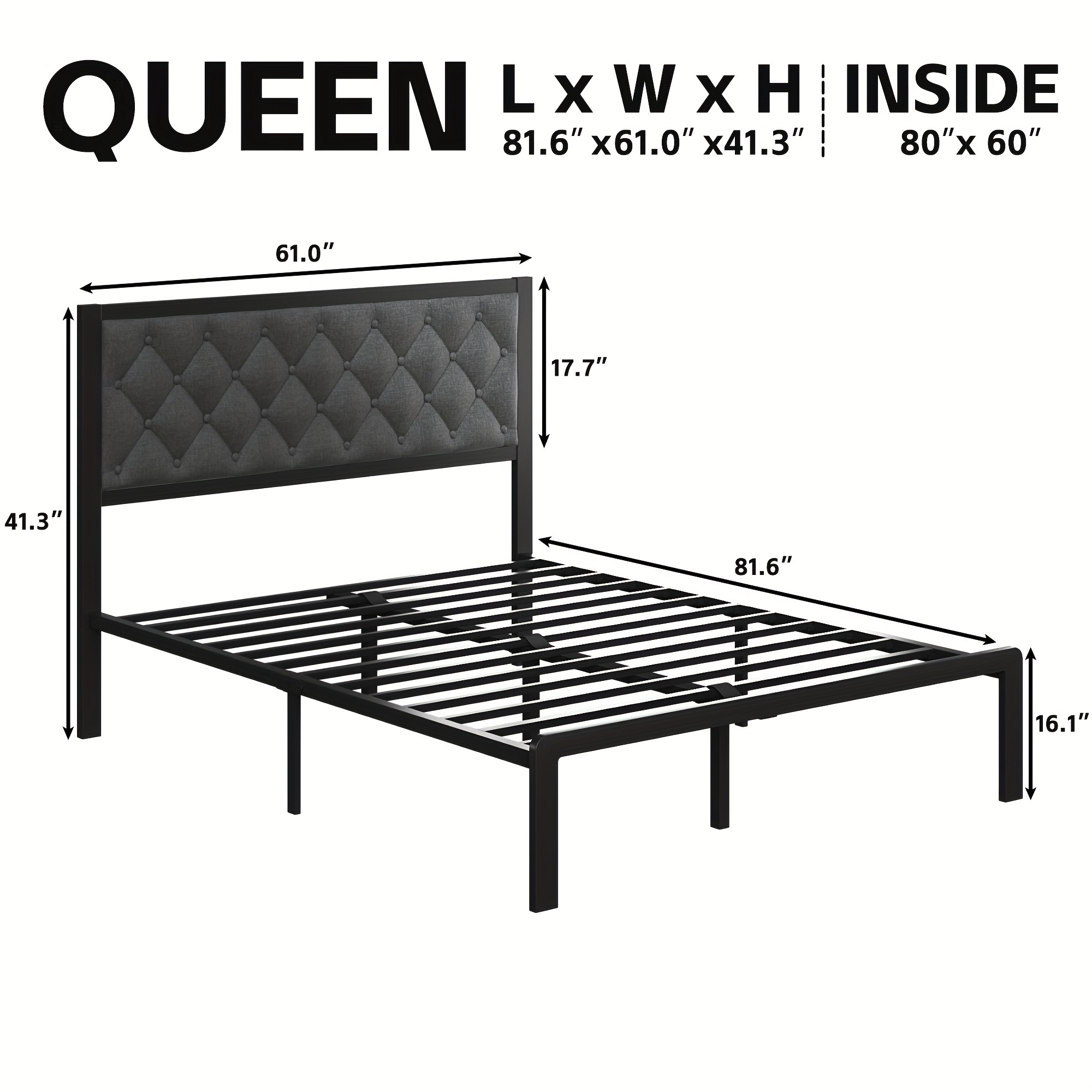 queen bed frame with headboard fabric upholstered bed frame platform all metal slats support platform bed frame with storage space easy assembly noise free no box spring needed details 2