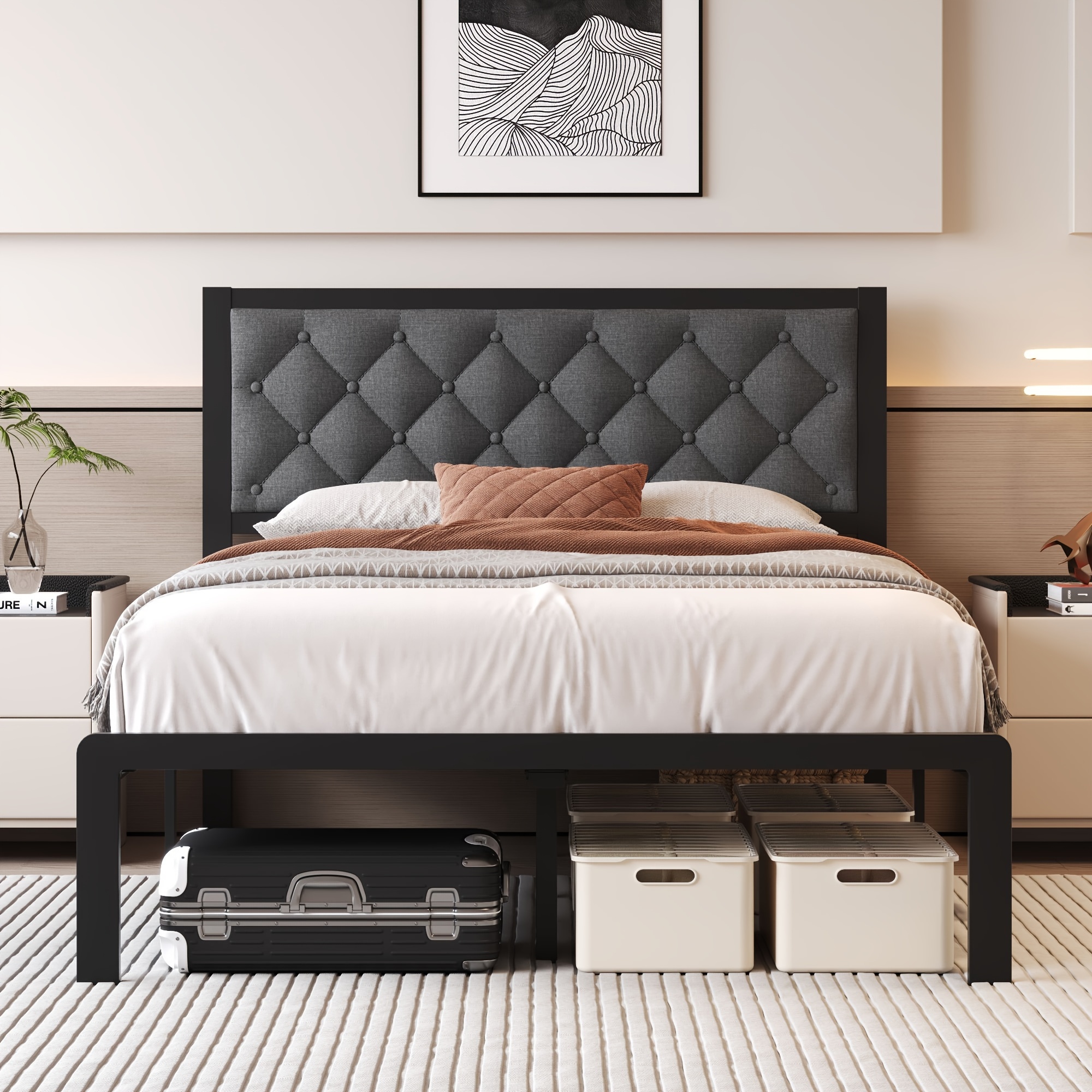 queen bed frame with headboard fabric upholstered bed frame platform all metal slats support platform bed frame with storage space easy assembly noise free no box spring needed details 3