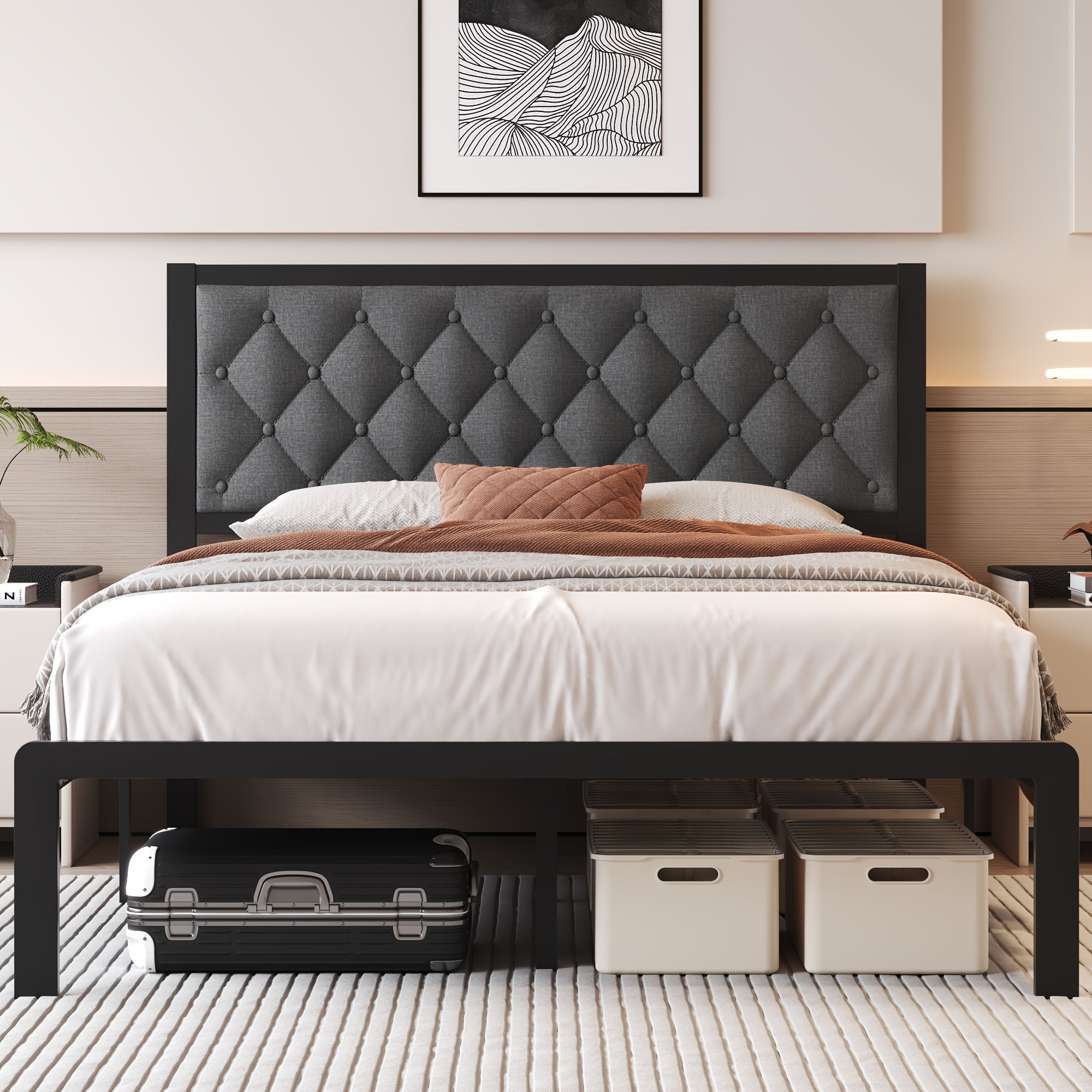 queen bed frame with headboard fabric upholstered bed frame platform all metal slats support platform bed frame with storage space easy assembly noise free no box spring needed details 5