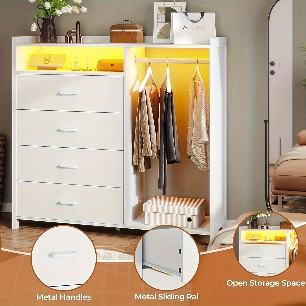 4 drawers led dresser with open storage space for bedroom chest of drawers modern dresser with clothes rail white details 0