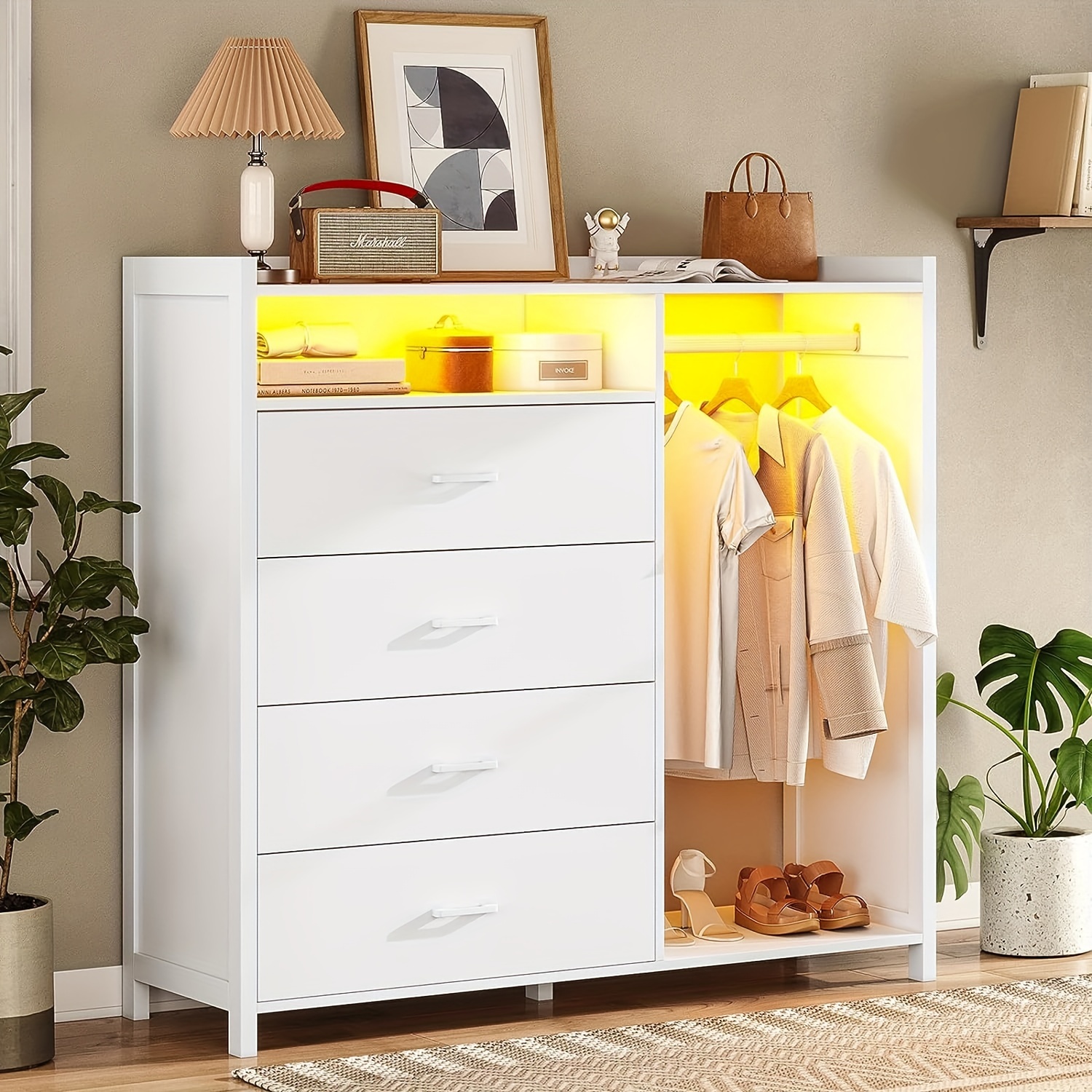 4 drawers led dresser with open storage space for bedroom chest of drawers modern dresser with clothes rail white details 1