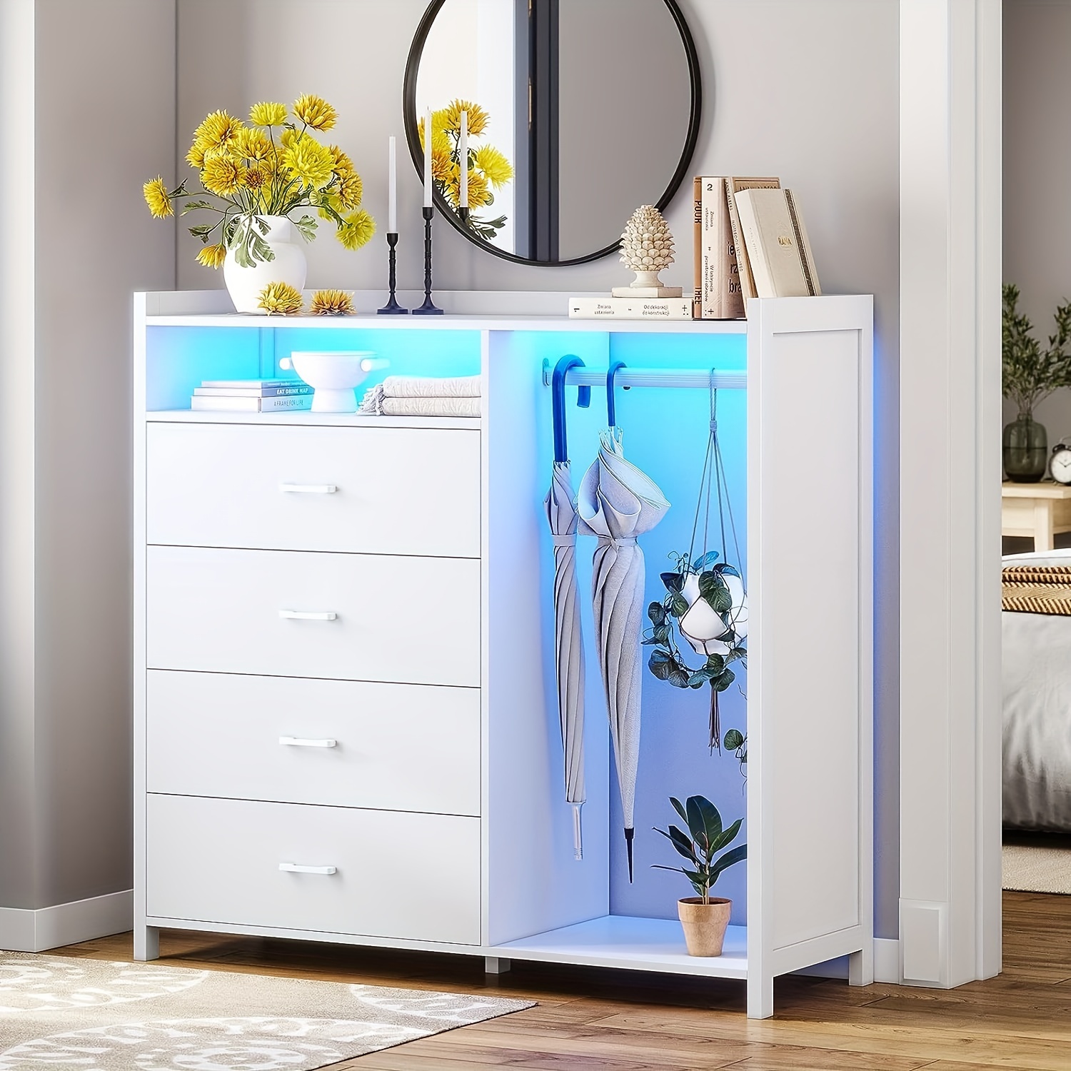 4 drawers led dresser with open storage space for bedroom chest of drawers modern dresser with clothes rail white details 2