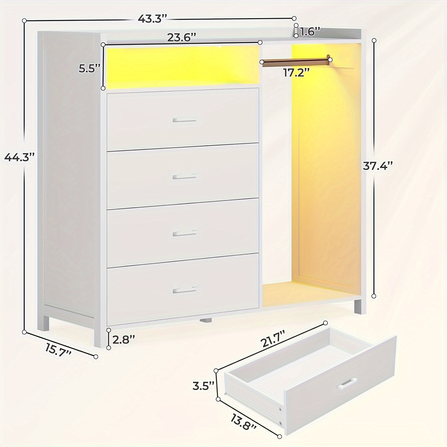 4 drawers led dresser with open storage space for bedroom chest of drawers modern dresser with clothes rail white details 3