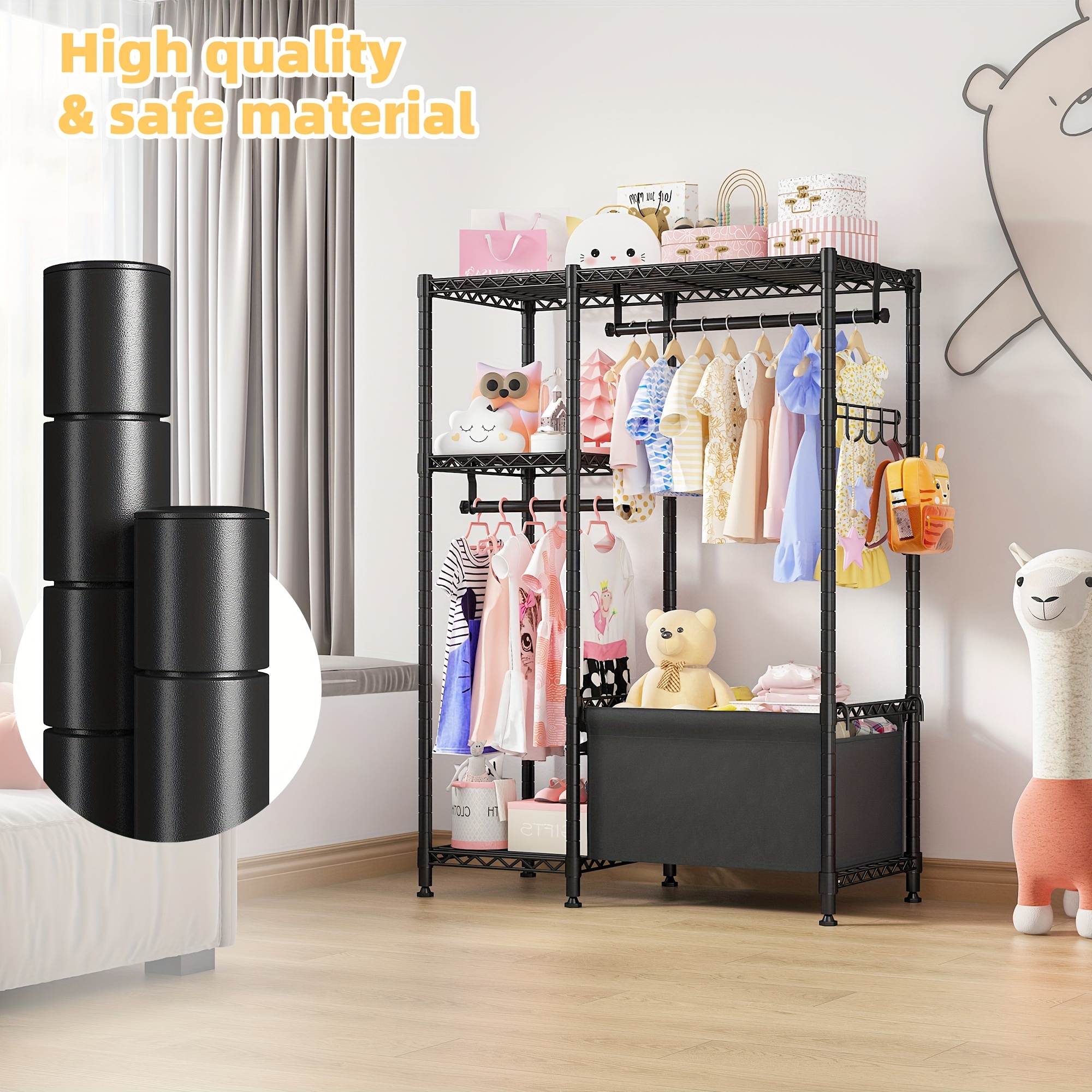 small clothing racks for hanging clothes kids clothes rack with storage basket petite portable closet rack with shelves for boys and girls room 55 2 h 37 9 w 13 5 d black details 0