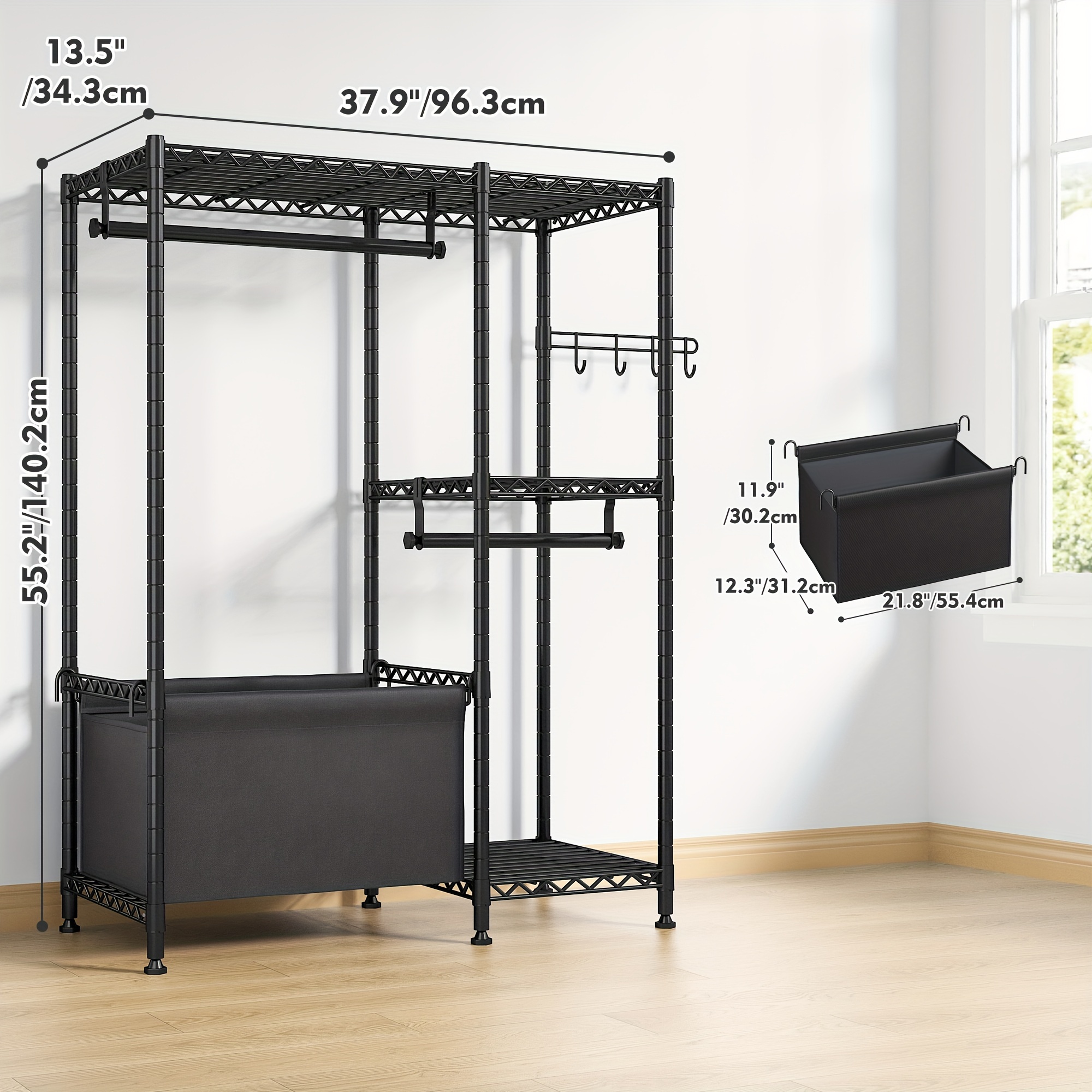 small clothing racks for hanging clothes kids clothes rack with storage basket petite portable closet rack with shelves for boys and girls room 55 2 h 37 9 w 13 5 d black details 1