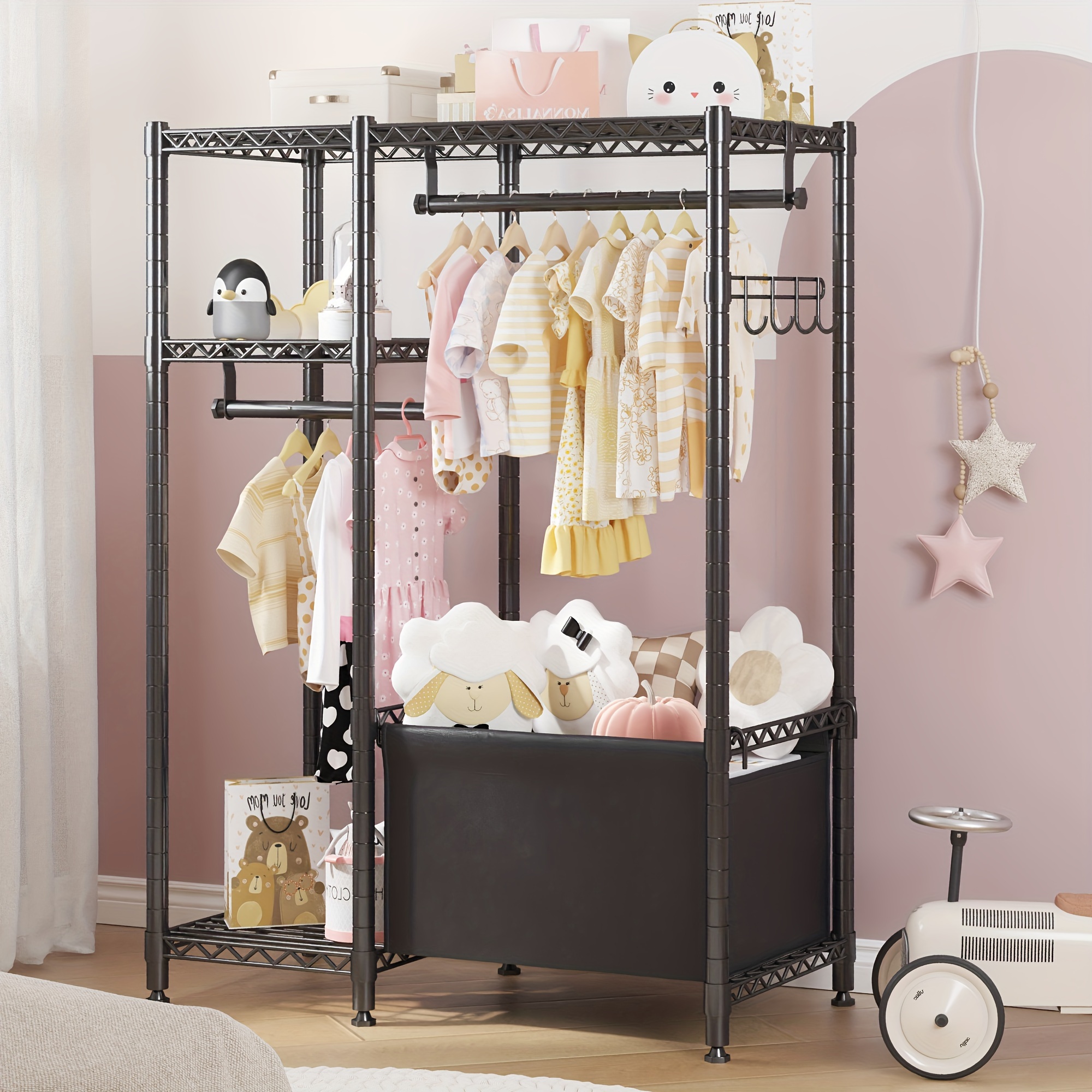 small clothing racks for hanging clothes kids clothes rack with storage basket petite portable closet rack with shelves for boys and girls room 55 2 h 37 9 w 13 5 d black details 2