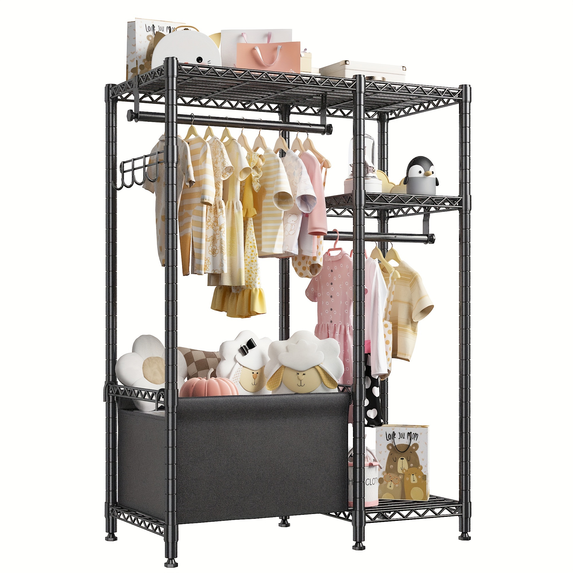 small clothing racks for hanging clothes kids clothes rack with storage basket petite portable closet rack with shelves for boys and girls room 55 2 h 37 9 w 13 5 d black details 3