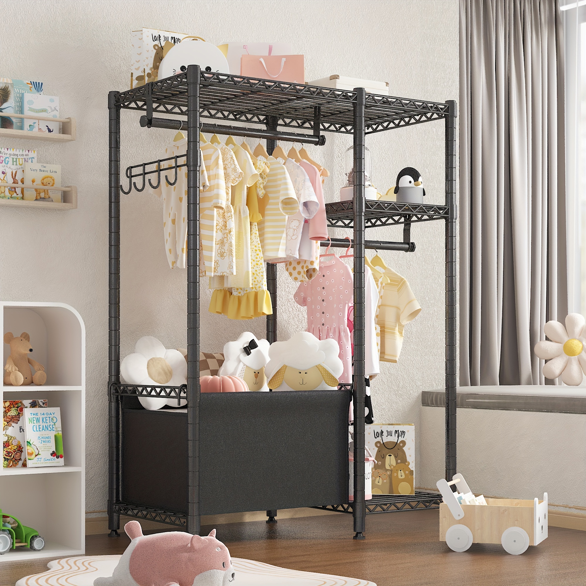 small clothing racks for hanging clothes kids clothes rack with storage basket petite portable closet rack with shelves for boys and girls room 55 2 h 37 9 w 13 5 d black details 4