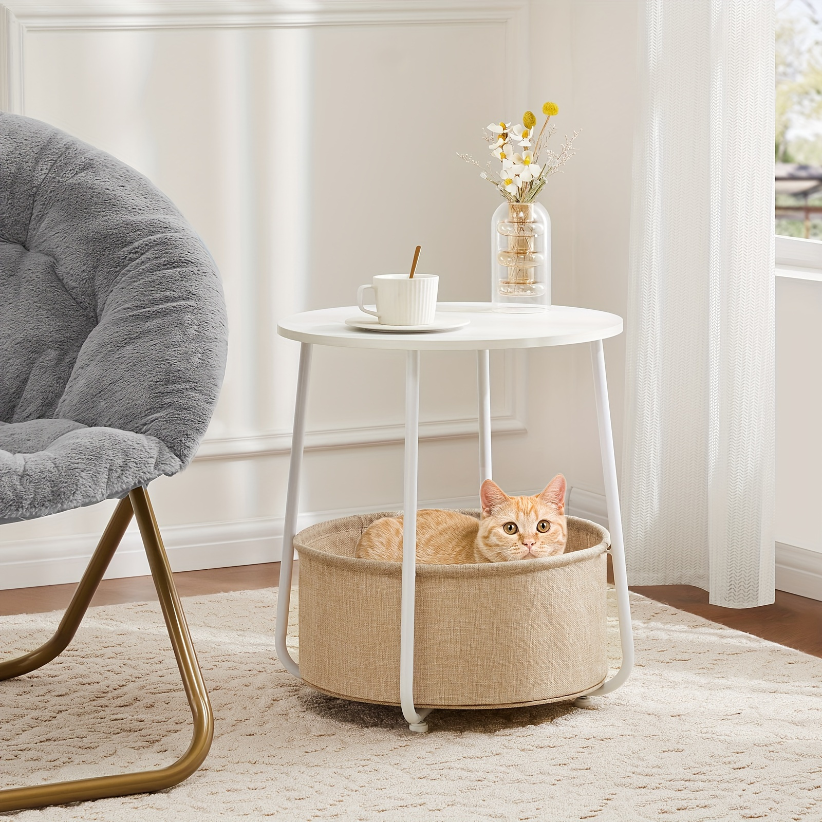 round side end table with fabric basket modern bedside table two color combining storage and aesthetic appeal details 0