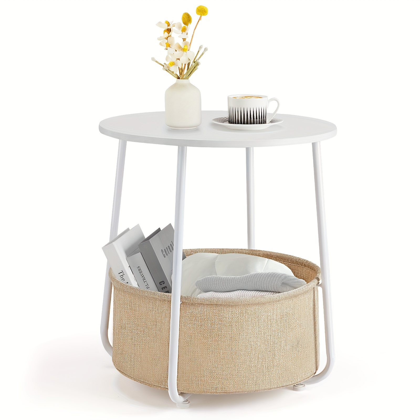 round side end table with fabric basket modern bedside table two color combining storage and aesthetic appeal details 1