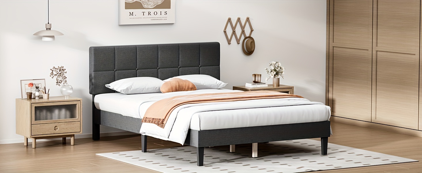 bed frame with headboard no box spring needed linen upholstered platform bed frame with wood slats support noise free perfect for a peaceful nights sleep details 0