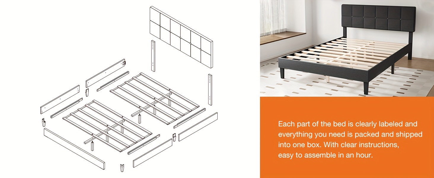 bed frame with headboard no box spring needed linen upholstered platform bed frame with wood slats support noise free perfect for a peaceful nights sleep details 3