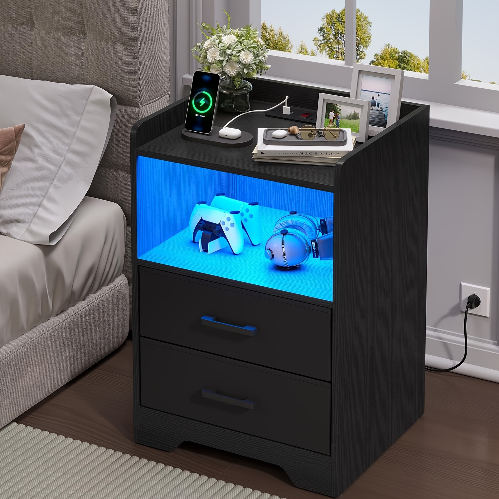 2pcs black nightstand with storage drawers for bedroom modern bedside table nightstands with charging station and led lights details 3