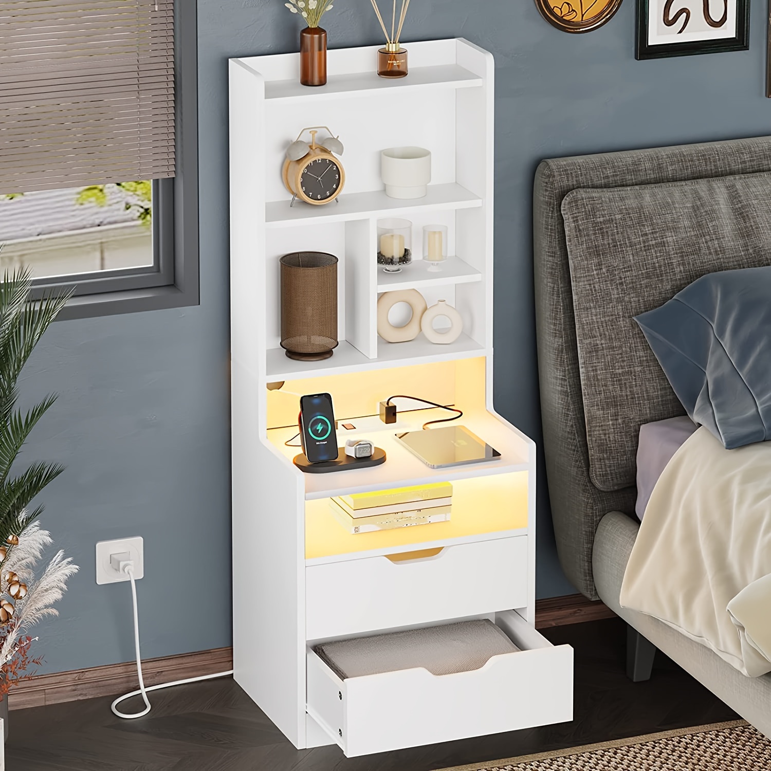 1pcs tall nightstand with charging station and led lights white nightstand with bookshelf and 2 drawers bedside table with shelves tall end side table white details 3