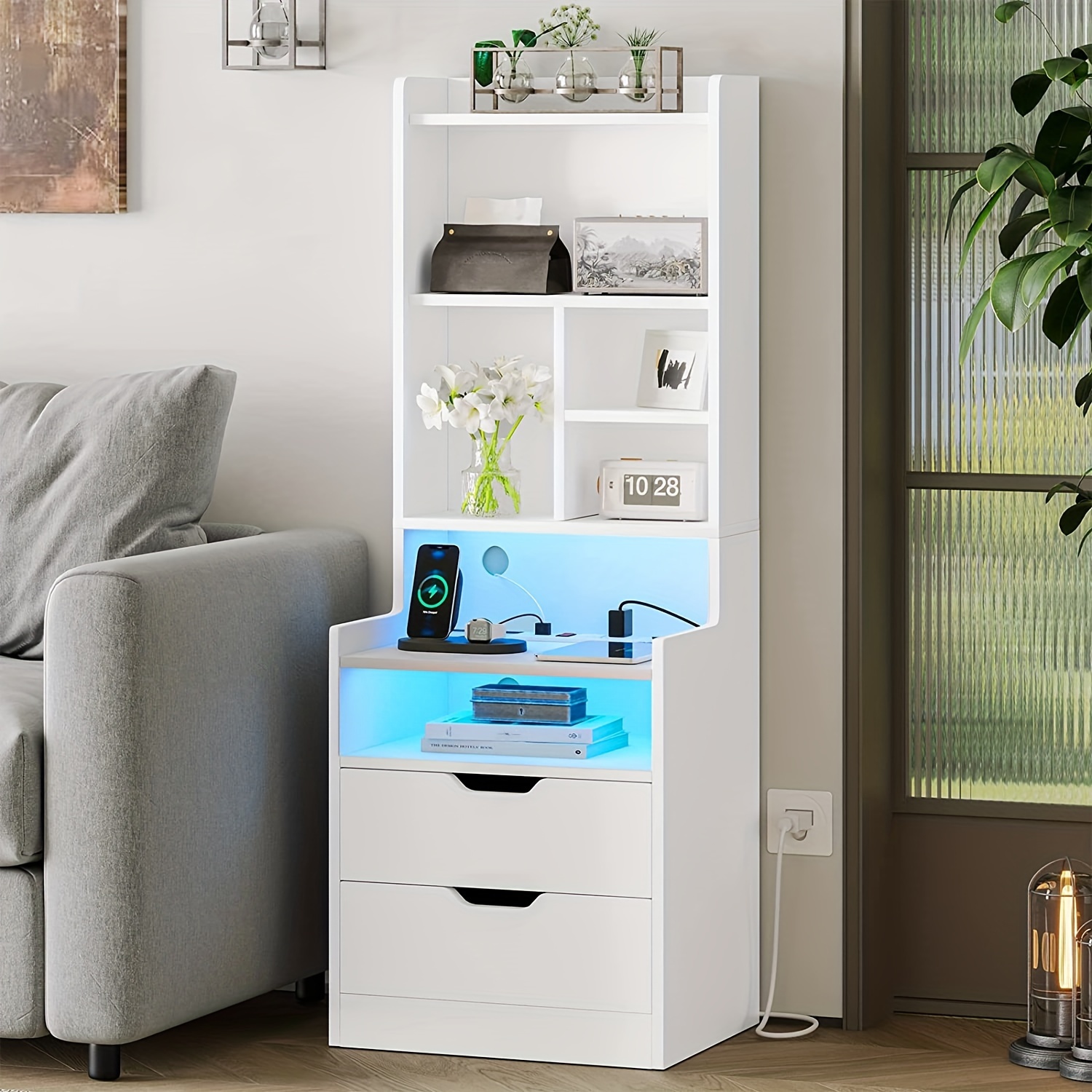 1pcs tall nightstand with charging station and led lights white nightstand with bookshelf and 2 drawers bedside table with shelves tall end side table white details 5