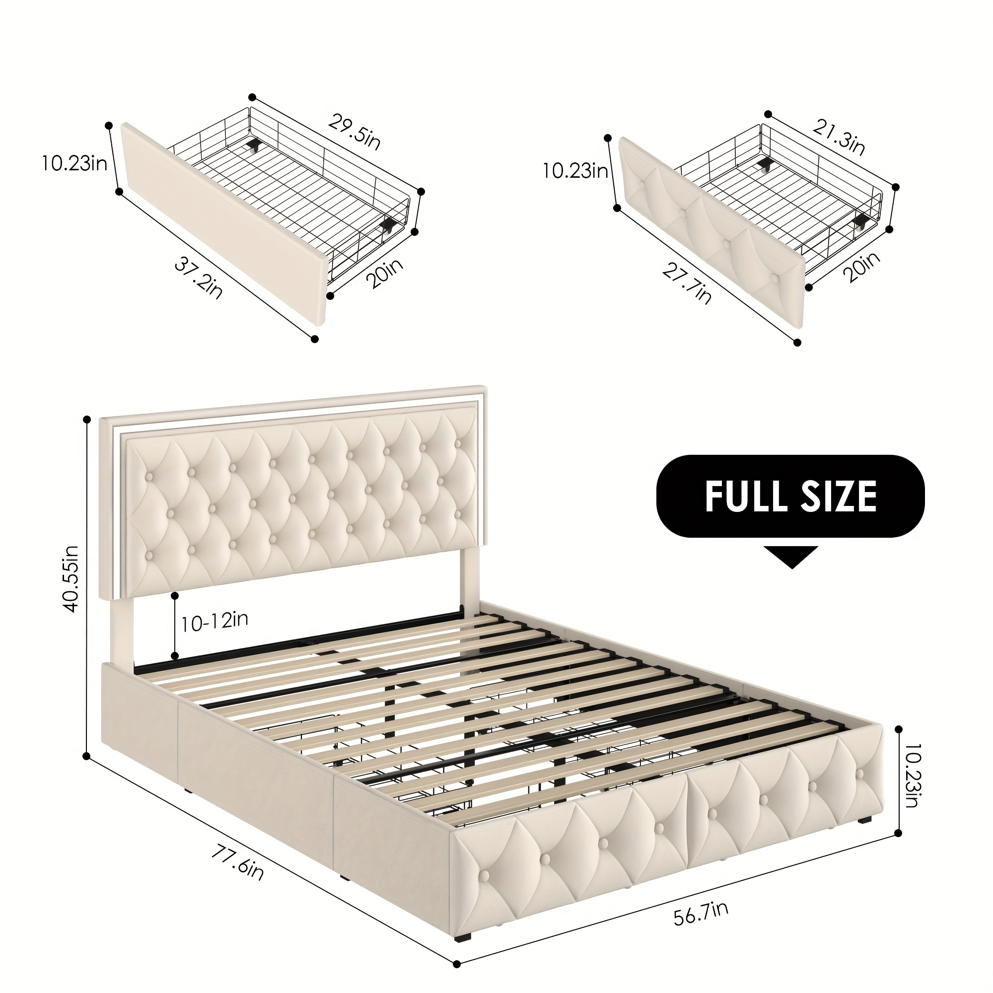 upholstered full queen   bed frame with adjuatable headboard and 4 storage drawers platform bed frame with button tufted headboard no box spring needed velvet beige pu white pu black details 2