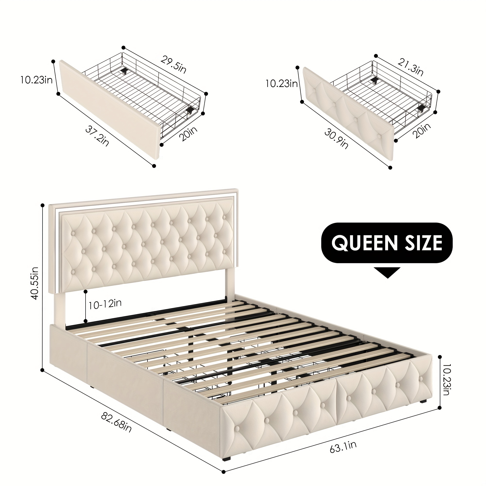 upholstered full queen   bed frame with adjuatable headboard and 4 storage drawers platform bed frame with button tufted headboard no box spring needed velvet beige pu white pu black details 3