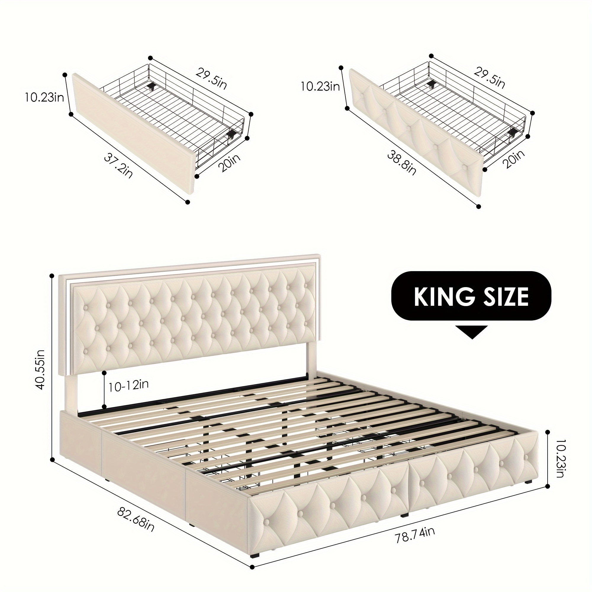 upholstered full queen   bed frame with adjuatable headboard and 4 storage drawers platform bed frame with button tufted headboard no box spring needed velvet beige pu white pu black details 4