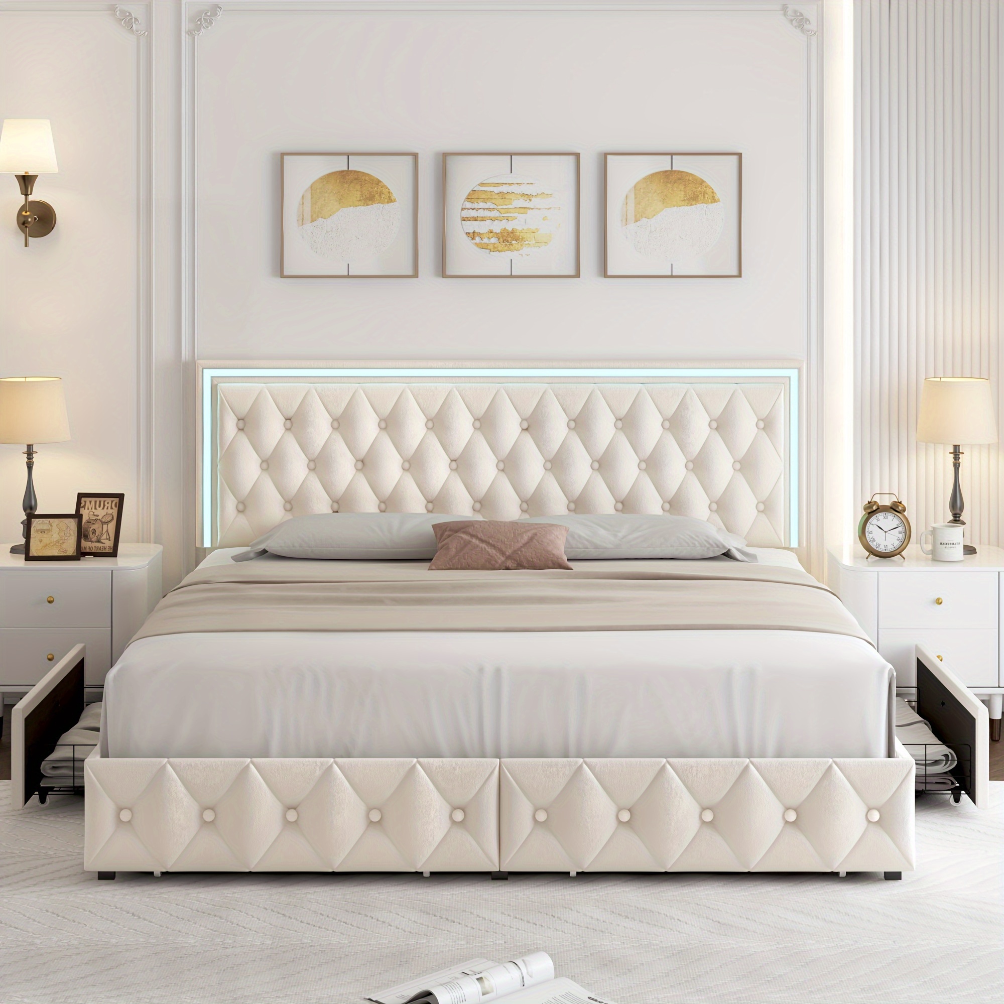 upholstered full queen   bed frame with adjuatable headboard and 4 storage drawers platform bed frame with button tufted headboard no box spring needed velvet beige pu white pu black details 7