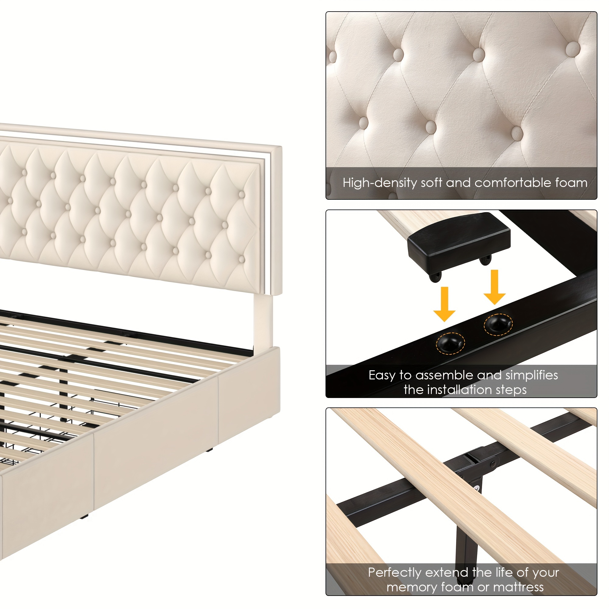 upholstered full queen   bed frame with adjuatable headboard and 4 storage drawers platform bed frame with button tufted headboard no box spring needed velvet beige pu white pu black details 8