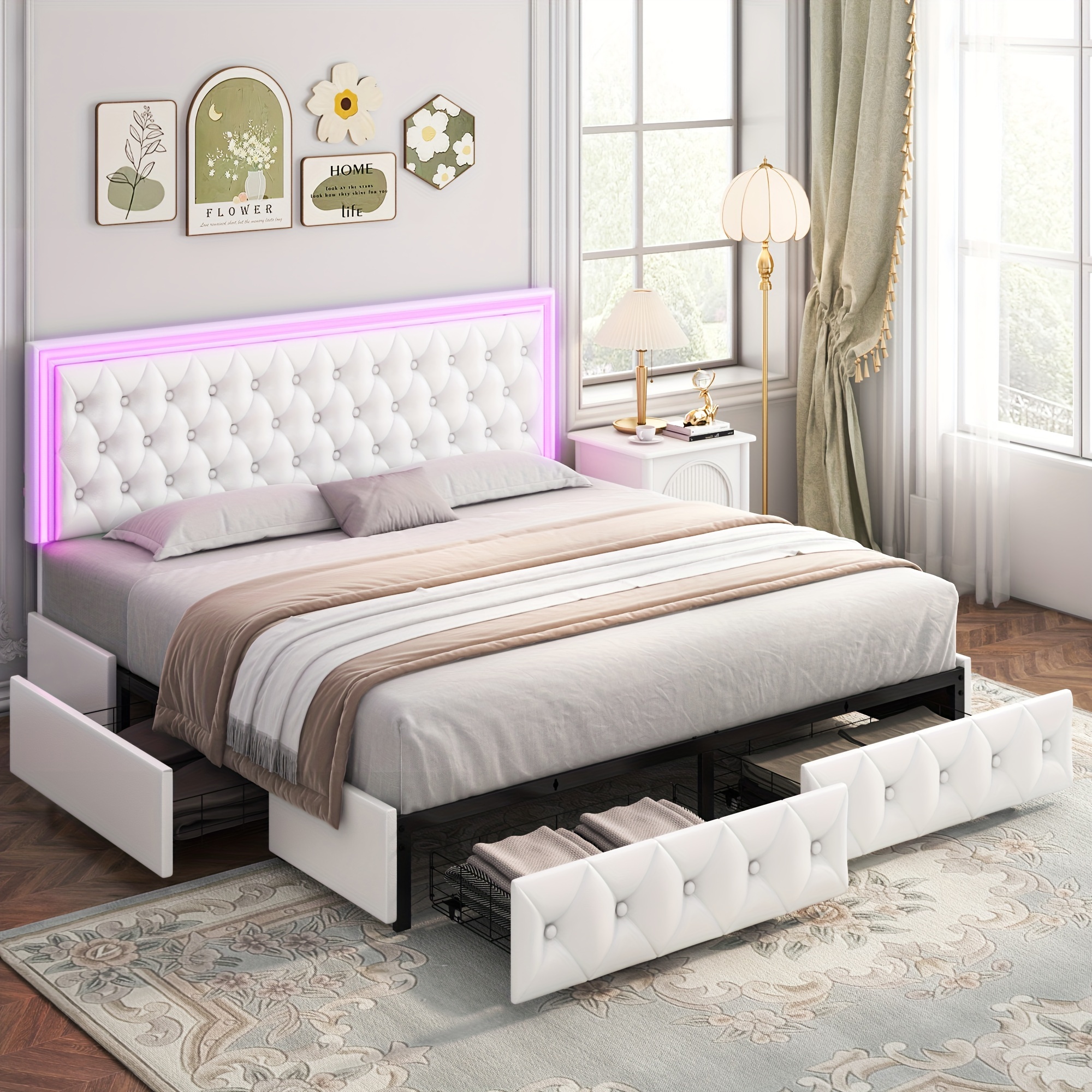 upholstered full queen   bed frame with adjuatable headboard and 4 storage drawers platform bed frame with button tufted headboard no box spring needed velvet beige pu white pu black details 9