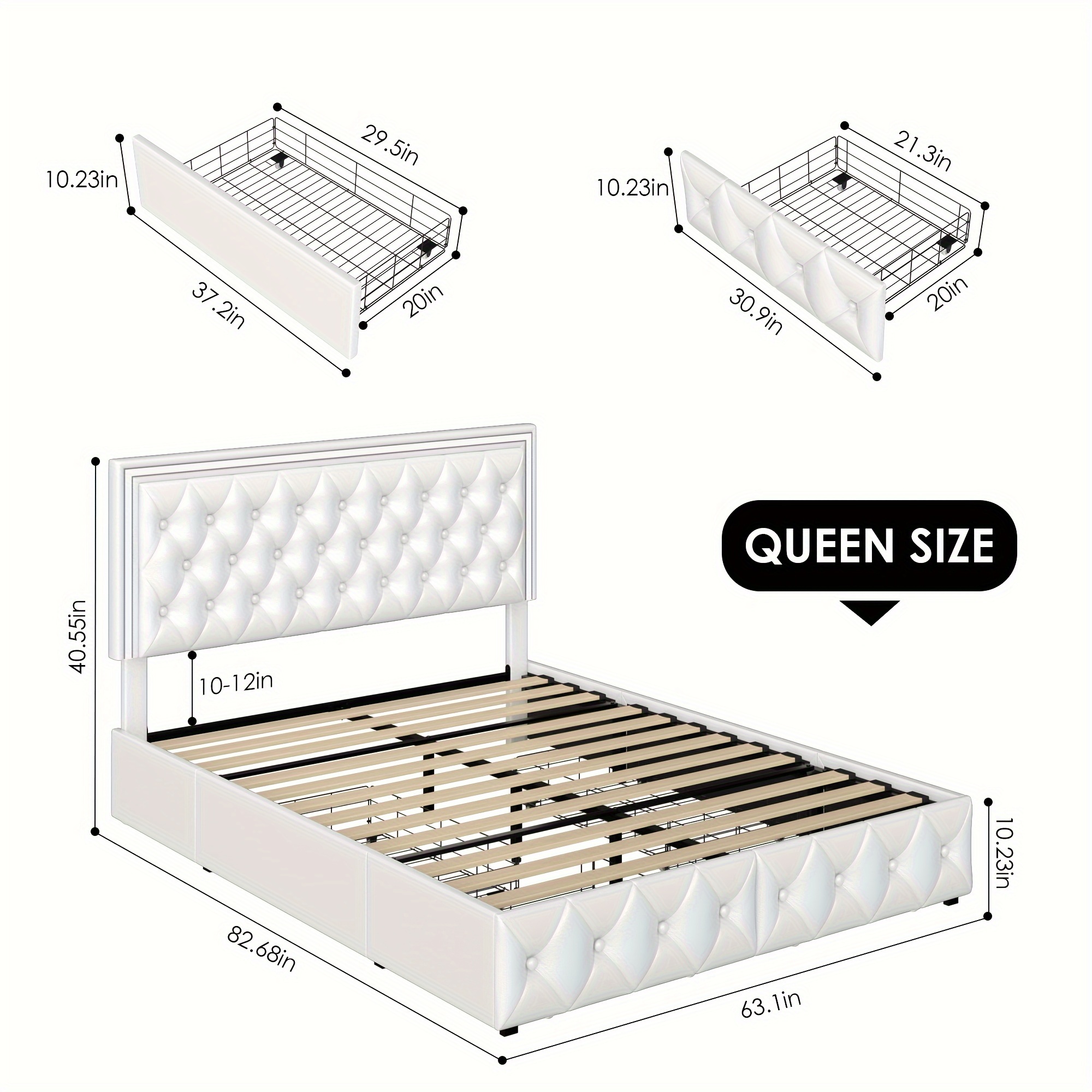 upholstered full queen   bed frame with adjuatable headboard and 4 storage drawers platform bed frame with button tufted headboard no box spring needed velvet beige pu white pu black details 12