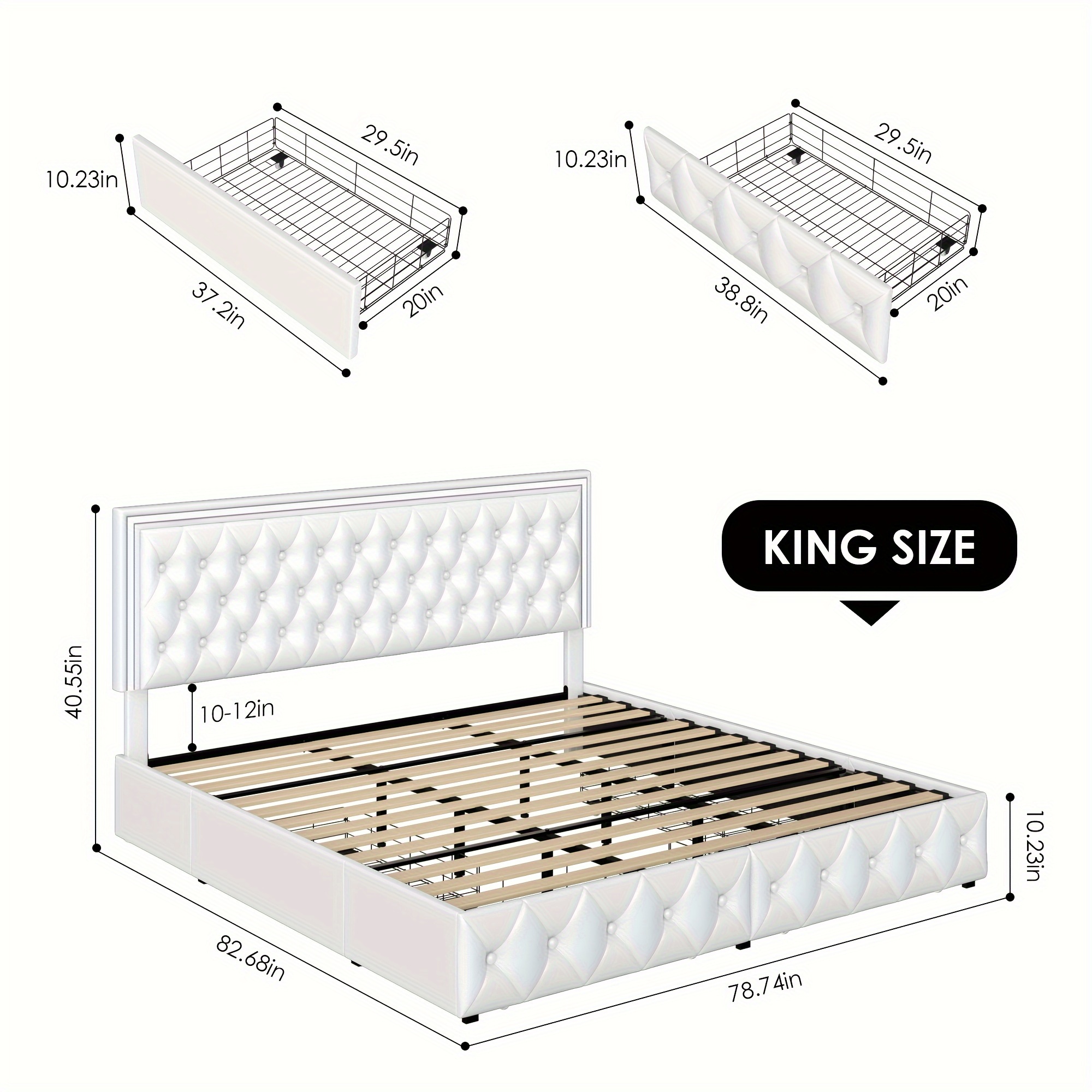 upholstered full queen   bed frame with adjuatable headboard and 4 storage drawers platform bed frame with button tufted headboard no box spring needed velvet beige pu white pu black details 13