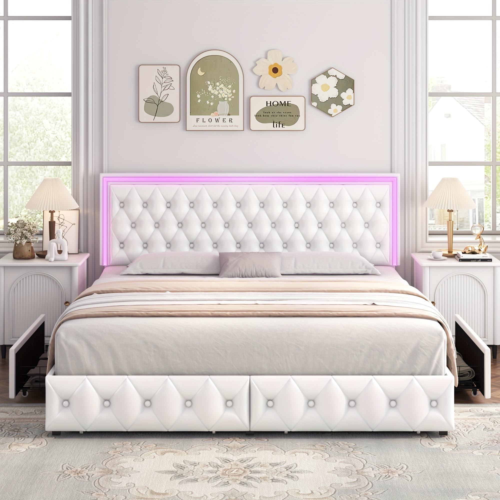 upholstered full queen   bed frame with adjuatable headboard and 4 storage drawers platform bed frame with button tufted headboard no box spring needed velvet beige pu white pu black details 16