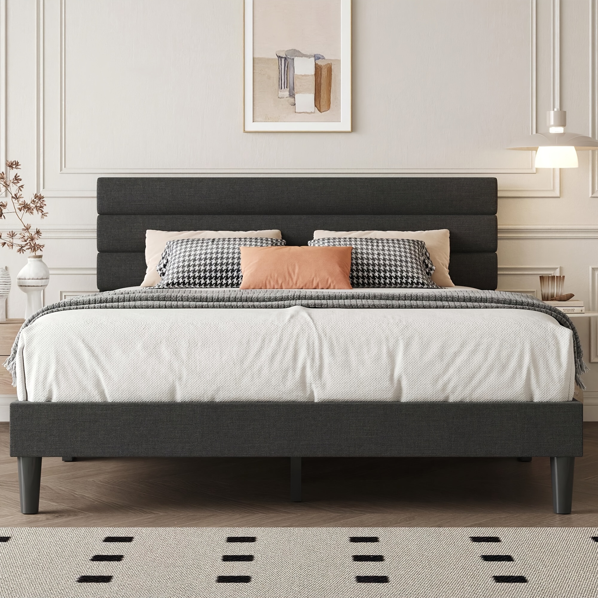 1pc queen bed frame with headboard upholstered bed ample under bed space no box spring needed easy assemble details 0