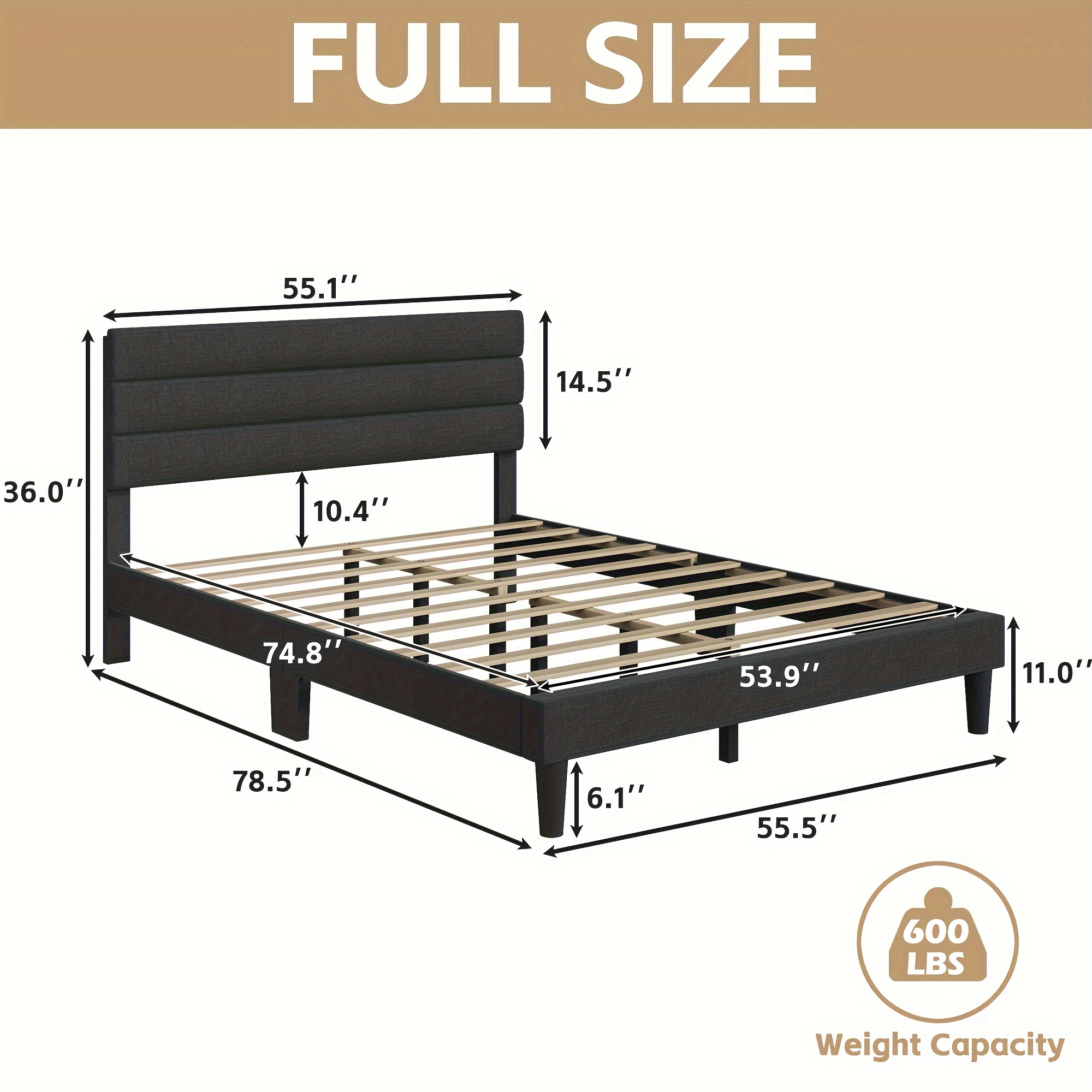 1pc queen bed frame with headboard upholstered bed ample under bed space no box spring needed easy assemble details 2