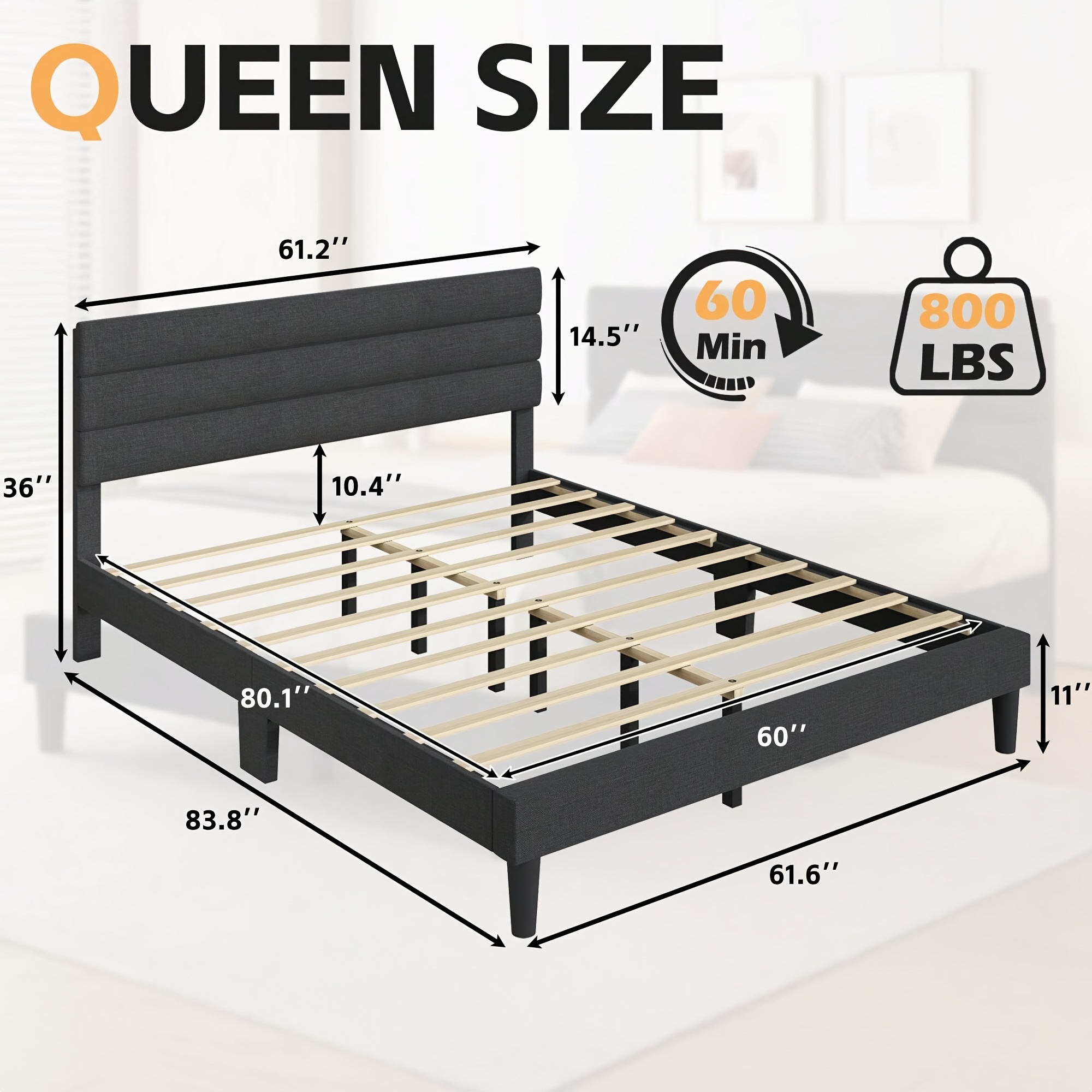 1pc queen bed frame with headboard upholstered bed ample under bed space no box spring needed easy assemble details 3