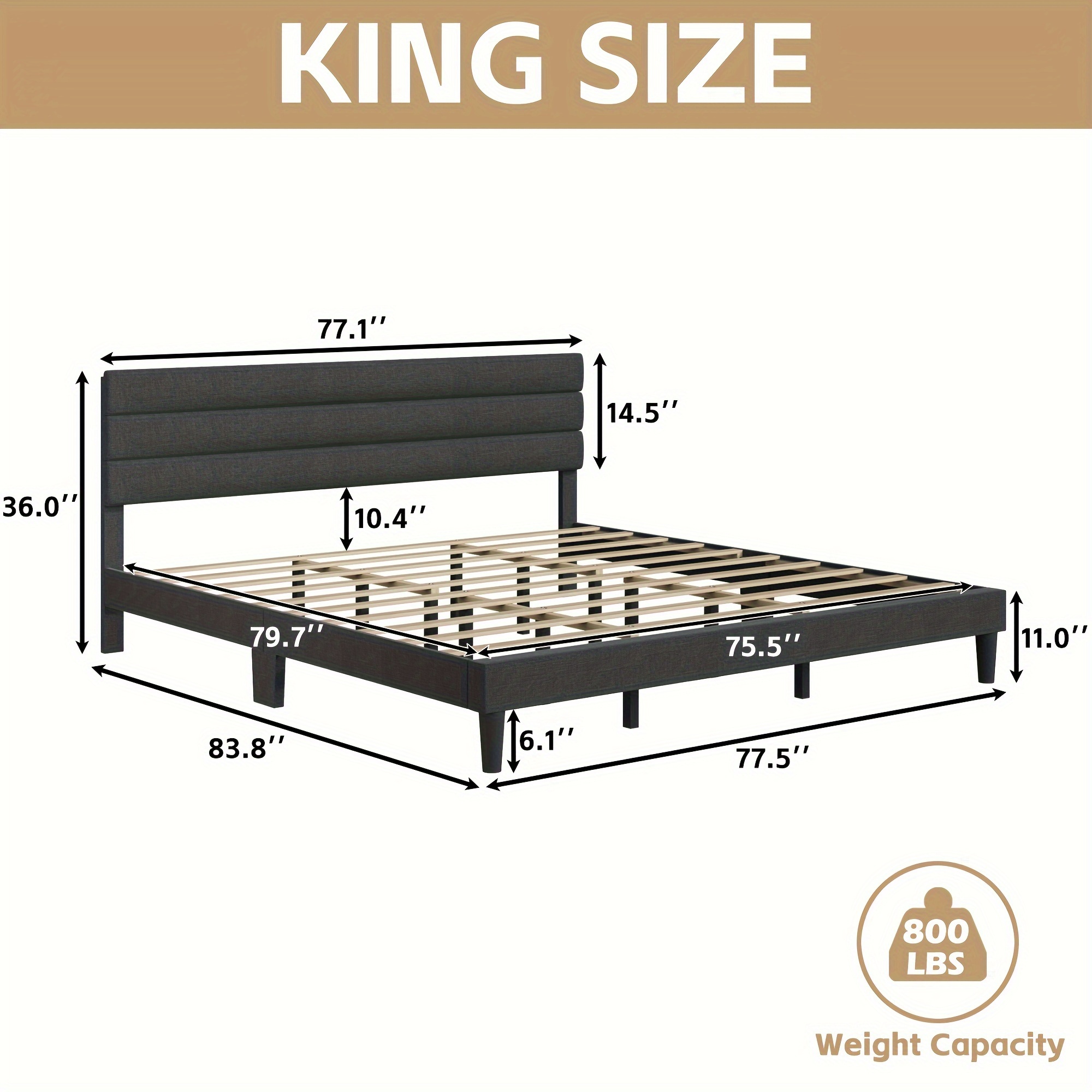 1pc queen bed frame with headboard upholstered bed ample under bed space no box spring needed easy assemble details 4