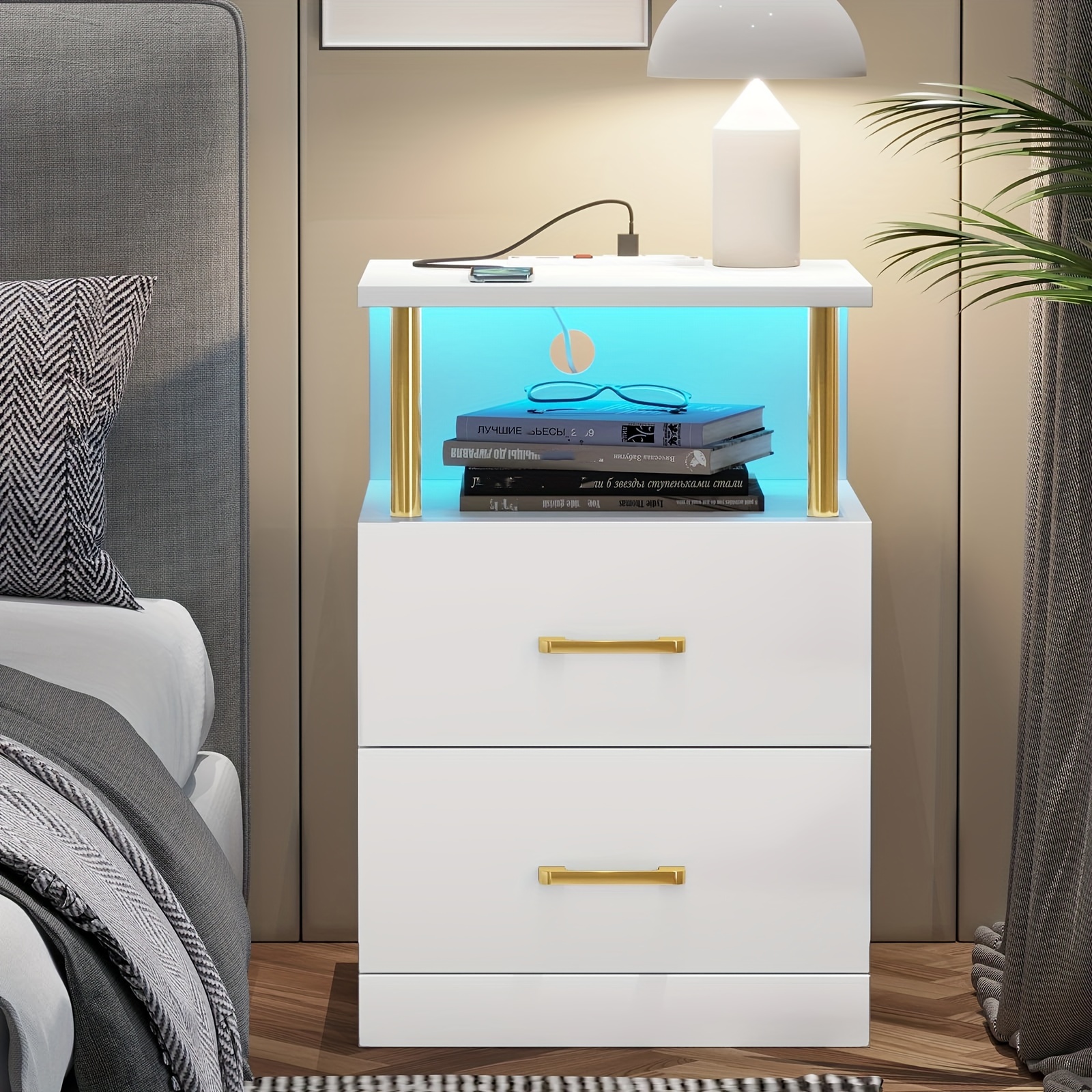 1pcs white nightstand with 2 drawers and open storage nightstand with usb ports charging station and led light modern end side tables bedroom details 0