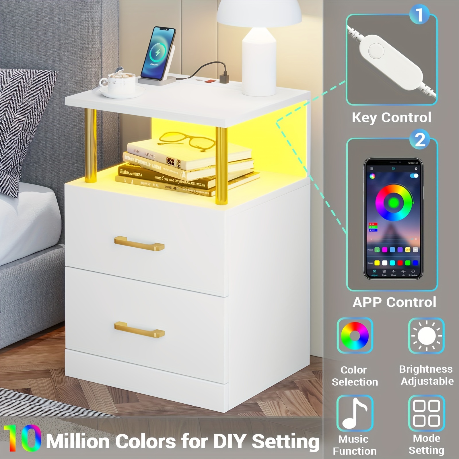 1pcs white nightstand with 2 drawers and open storage nightstand with usb ports charging station and led light modern end side tables bedroom details 1