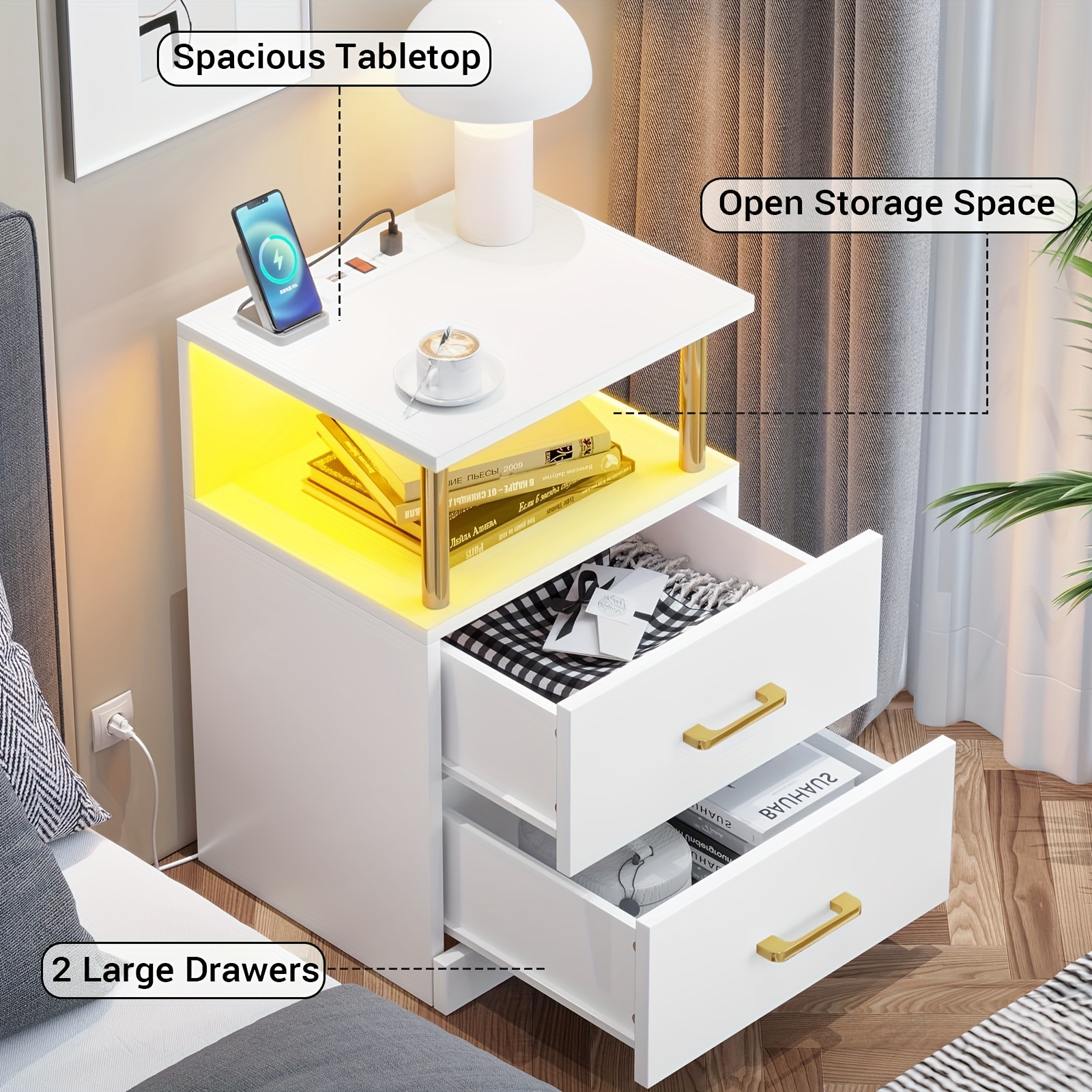 1pcs white nightstand with 2 drawers and open storage nightstand with usb ports charging station and led light modern end side tables bedroom details 3