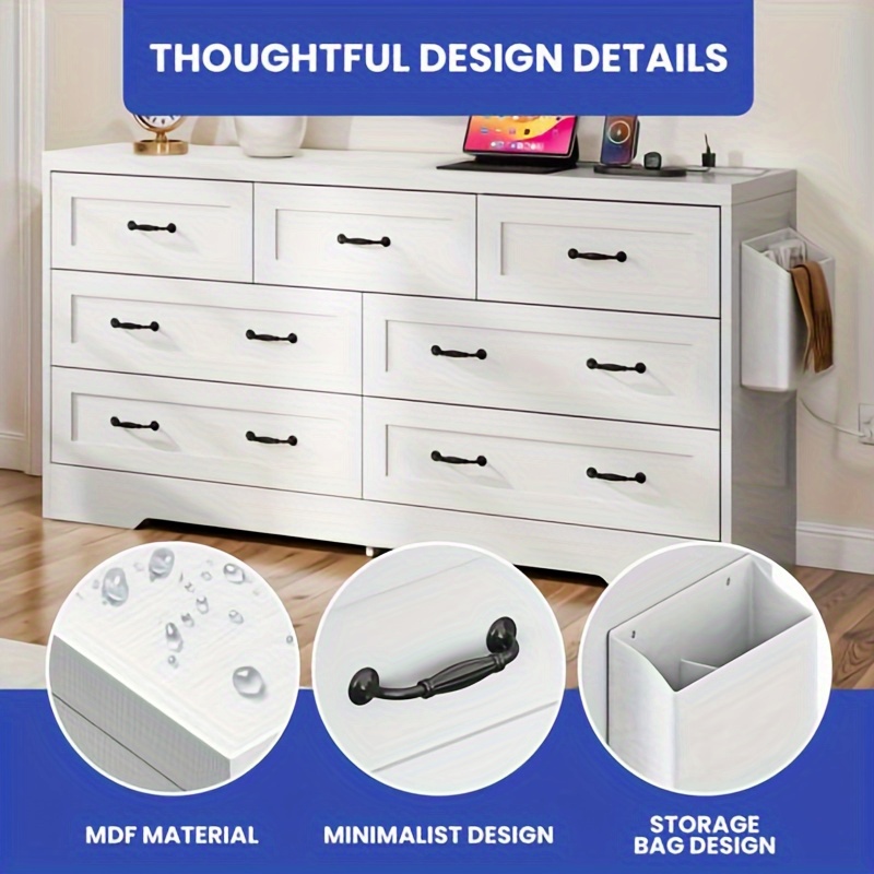 industraedge white 7 drawers dresser vintage double dresser chests of drawers with usb charging station and organizer bag 59 w large storage dresser with metal handles for dressing room hallway entryway details 0