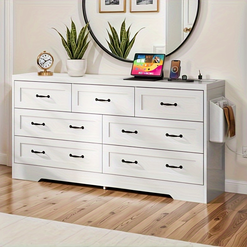 industraedge white 7 drawers dresser vintage double dresser chests of drawers with usb charging station and organizer bag 59 w large storage dresser with metal handles for dressing room hallway entryway details 1