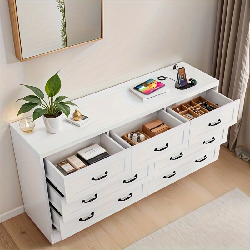 industraedge white 7 drawers dresser vintage double dresser chests of drawers with usb charging station and organizer bag 59 w large storage dresser with metal handles for dressing room hallway entryway details 3