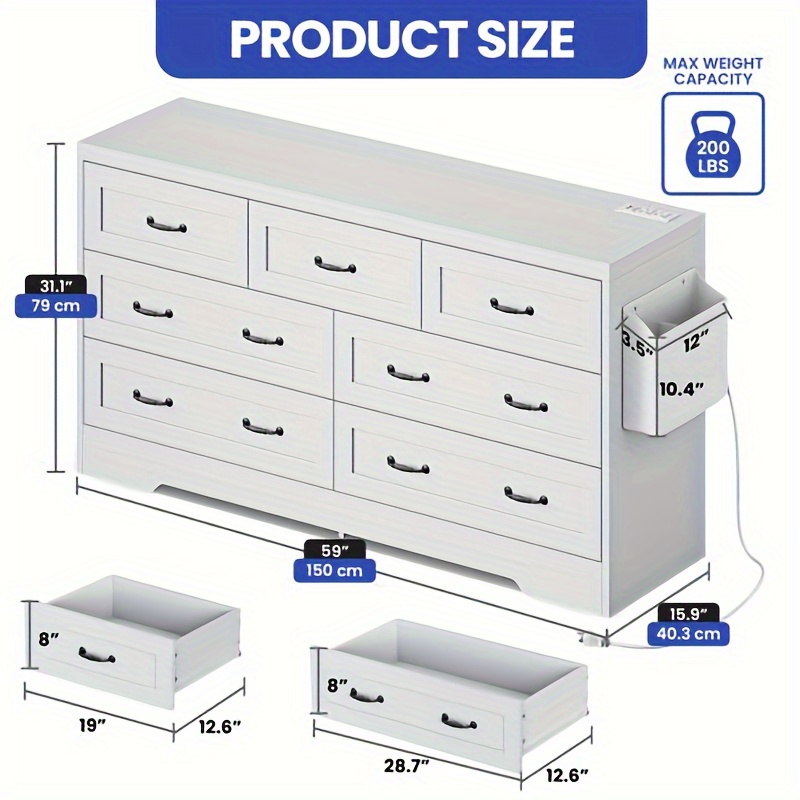 industraedge white 7 drawers dresser vintage double dresser chests of drawers with usb charging station and organizer bag 59 w large storage dresser with metal handles for dressing room hallway entryway details 4