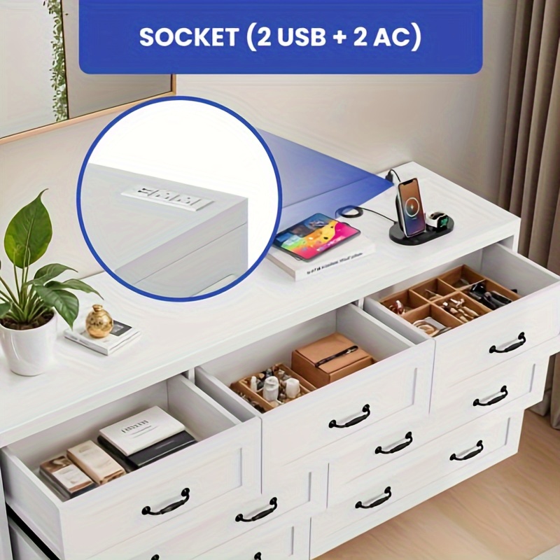 industraedge white 7 drawers dresser vintage double dresser chests of drawers with usb charging station and organizer bag 59 w large storage dresser with metal handles for dressing room hallway entryway details 6