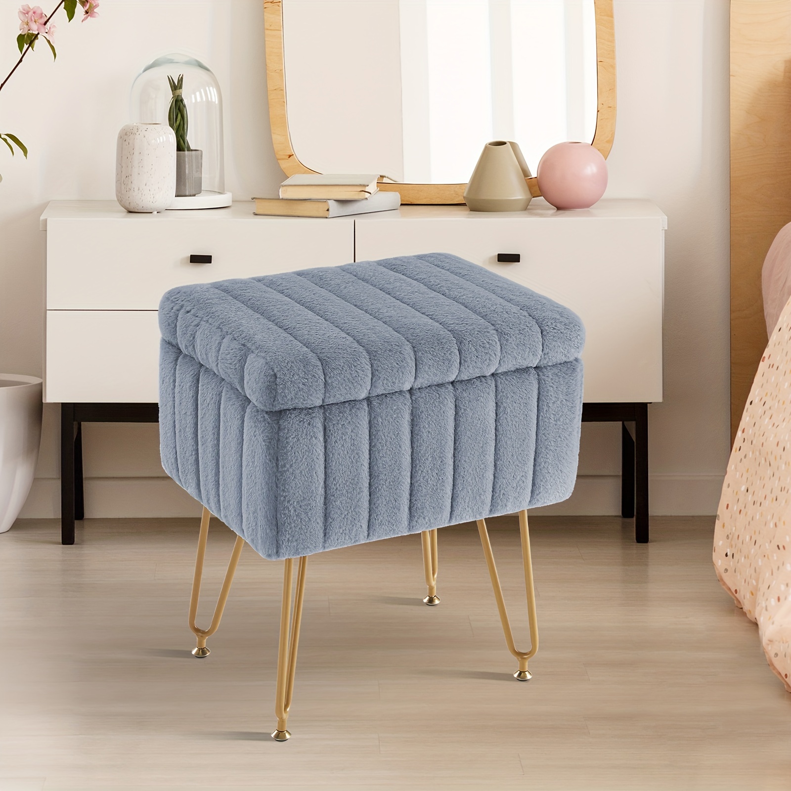 vanity storage ottoman chair makeup vanity chair with metal legs soft faux fur surface flip   rest with soft padded seat for bedroom living room details 0