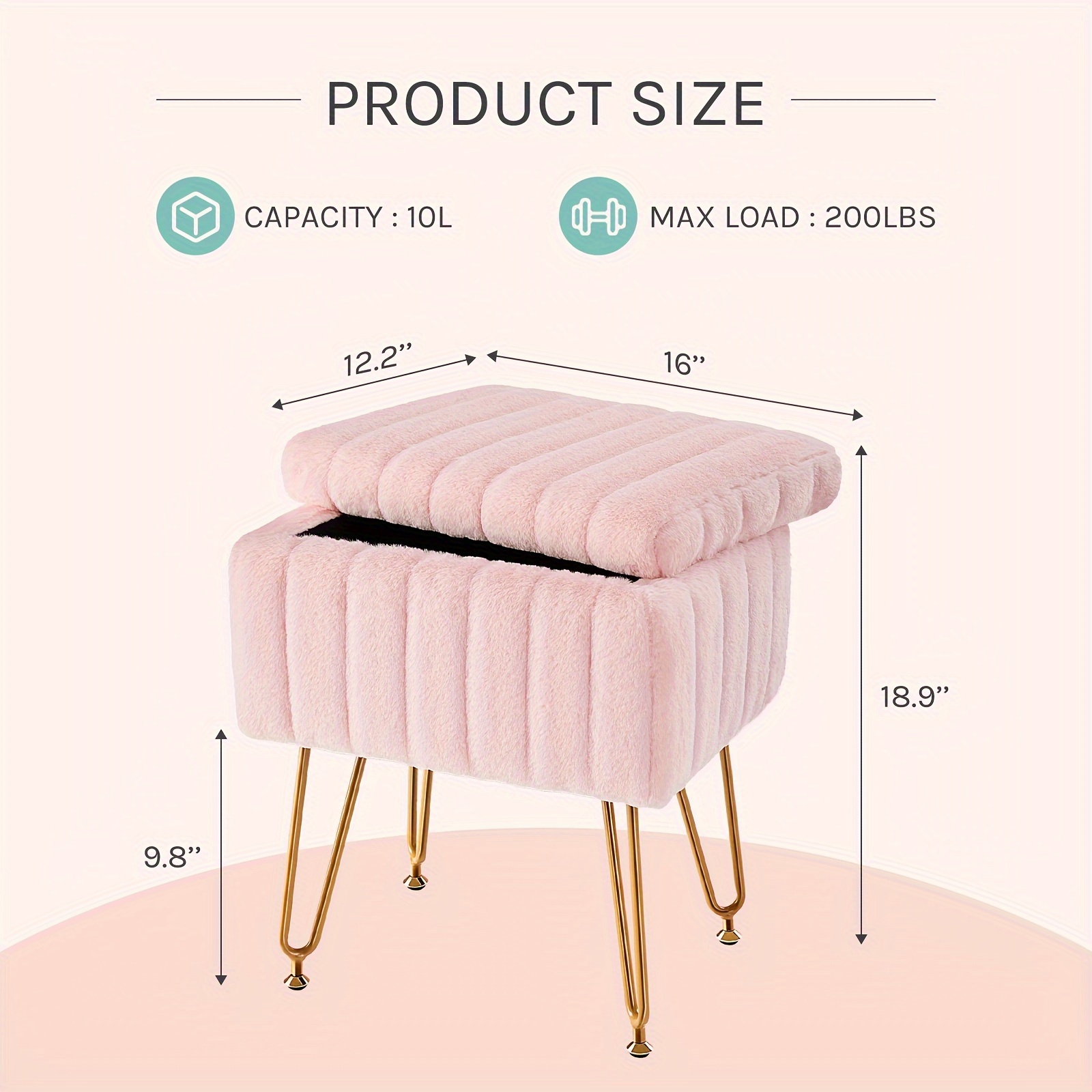 vanity storage ottoman chair makeup vanity chair with metal legs soft faux fur surface flip   rest with soft padded seat for bedroom living room details 1