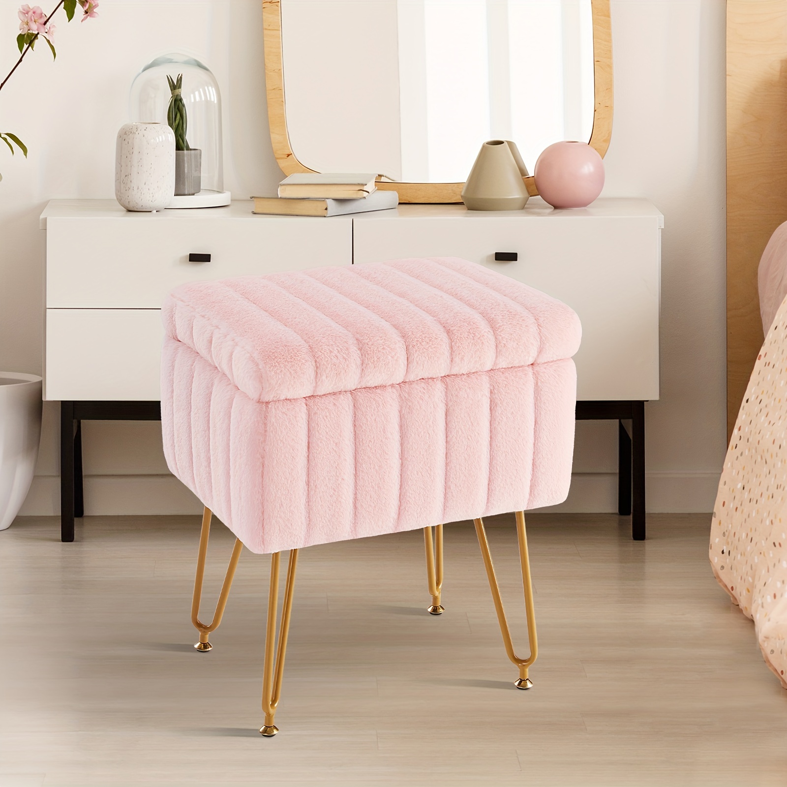 vanity storage ottoman chair makeup vanity chair with metal legs soft faux fur surface flip   rest with soft padded seat for bedroom living room details 2