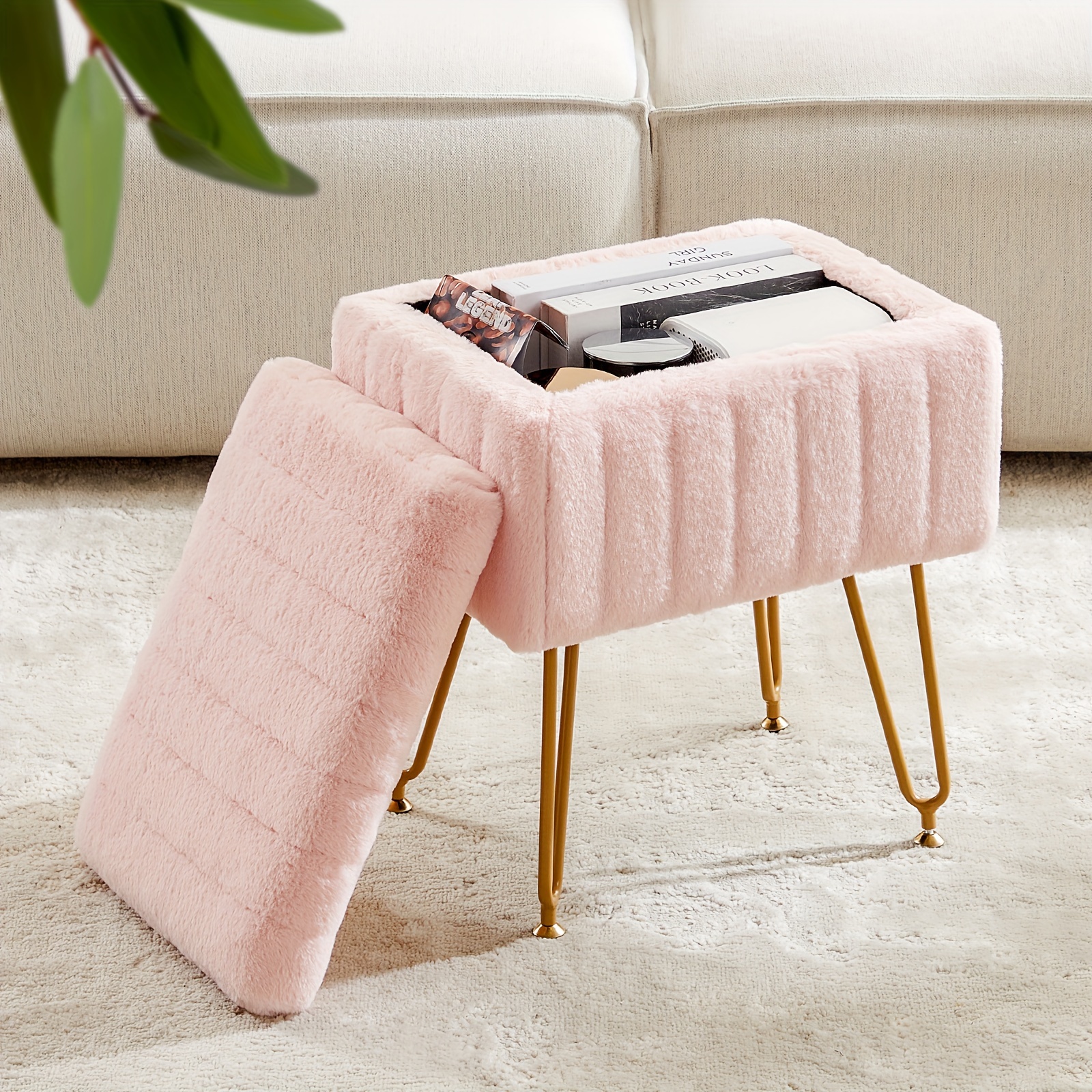 vanity storage ottoman chair makeup vanity chair with metal legs soft faux fur surface flip   rest with soft padded seat for bedroom living room details 3