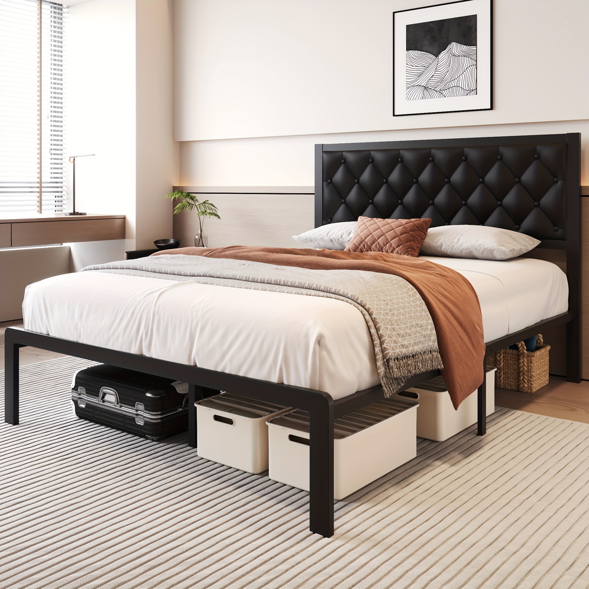 bed frame with headboard pu leather upholstered bed frame platform all metal slats support platform bed frame with storage space easy assembly noise free no box spring needed details 0