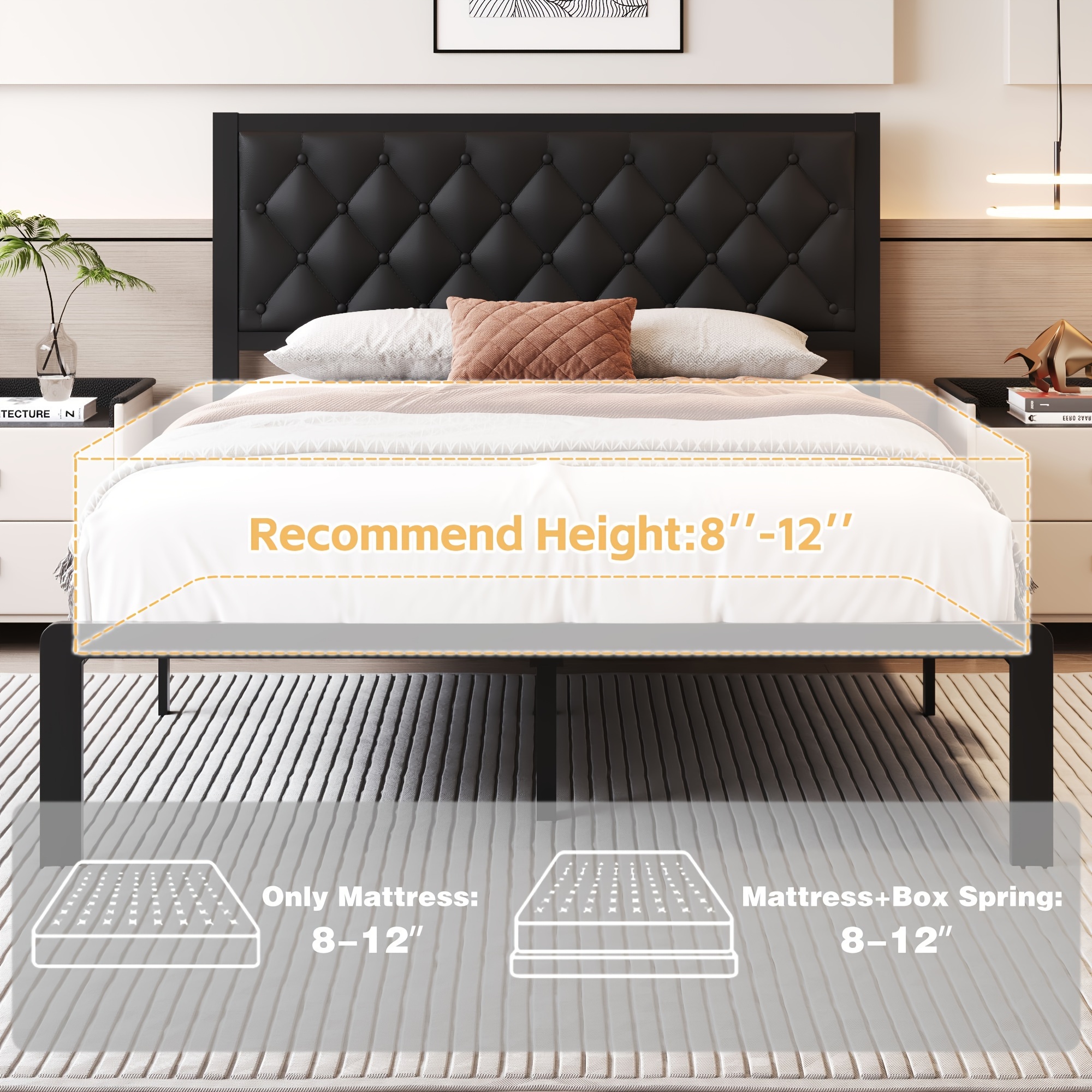 bed frame with headboard pu leather upholstered bed frame platform all metal slats support platform bed frame with storage space easy assembly noise free no box spring needed details 2