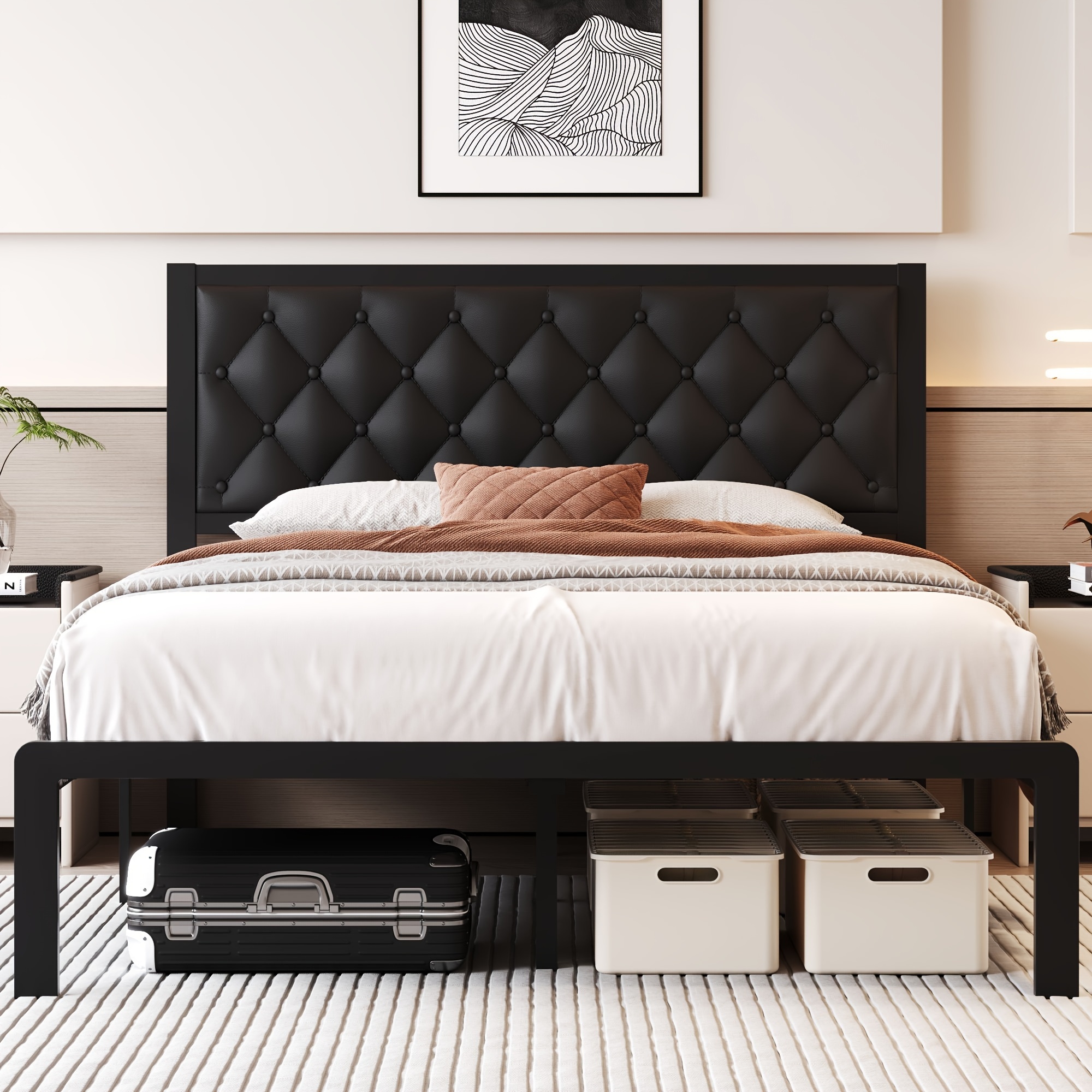 bed frame with headboard pu leather upholstered bed frame platform all metal slats support platform bed frame with storage space easy assembly noise free no box spring needed details 5