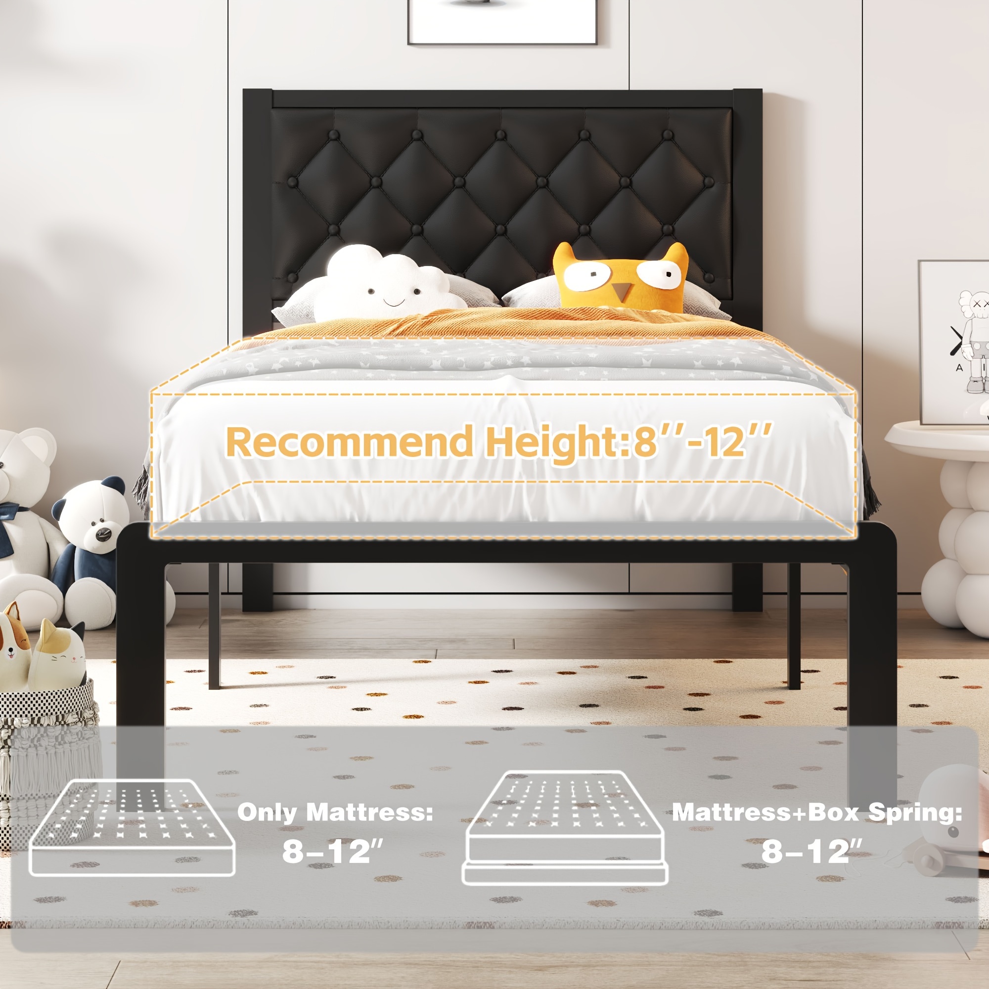 bed frame with headboard pu leather upholstered bed frame platform all metal slats support platform bed frame with storage space easy assembly noise free no box spring needed details 9