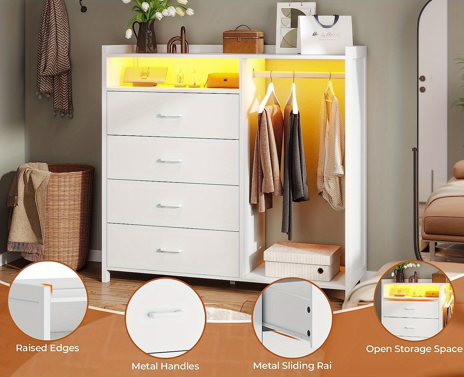 white dresser with led light and clothes rack 4 drawer dresser with led lights modern storage cabinet led dresser for bedroom details 1