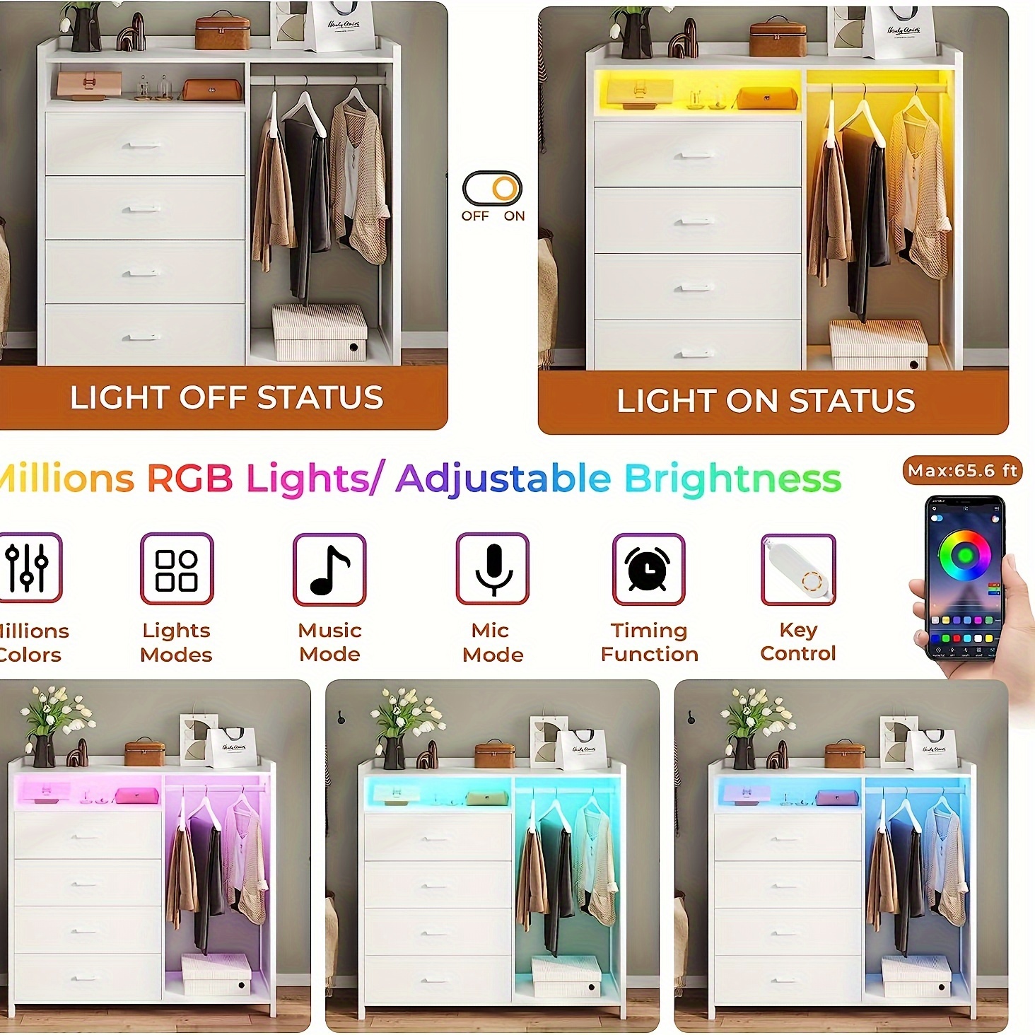 white dresser with led light and clothes rack 4 drawer dresser with led lights modern storage cabinet led dresser for bedroom details 2